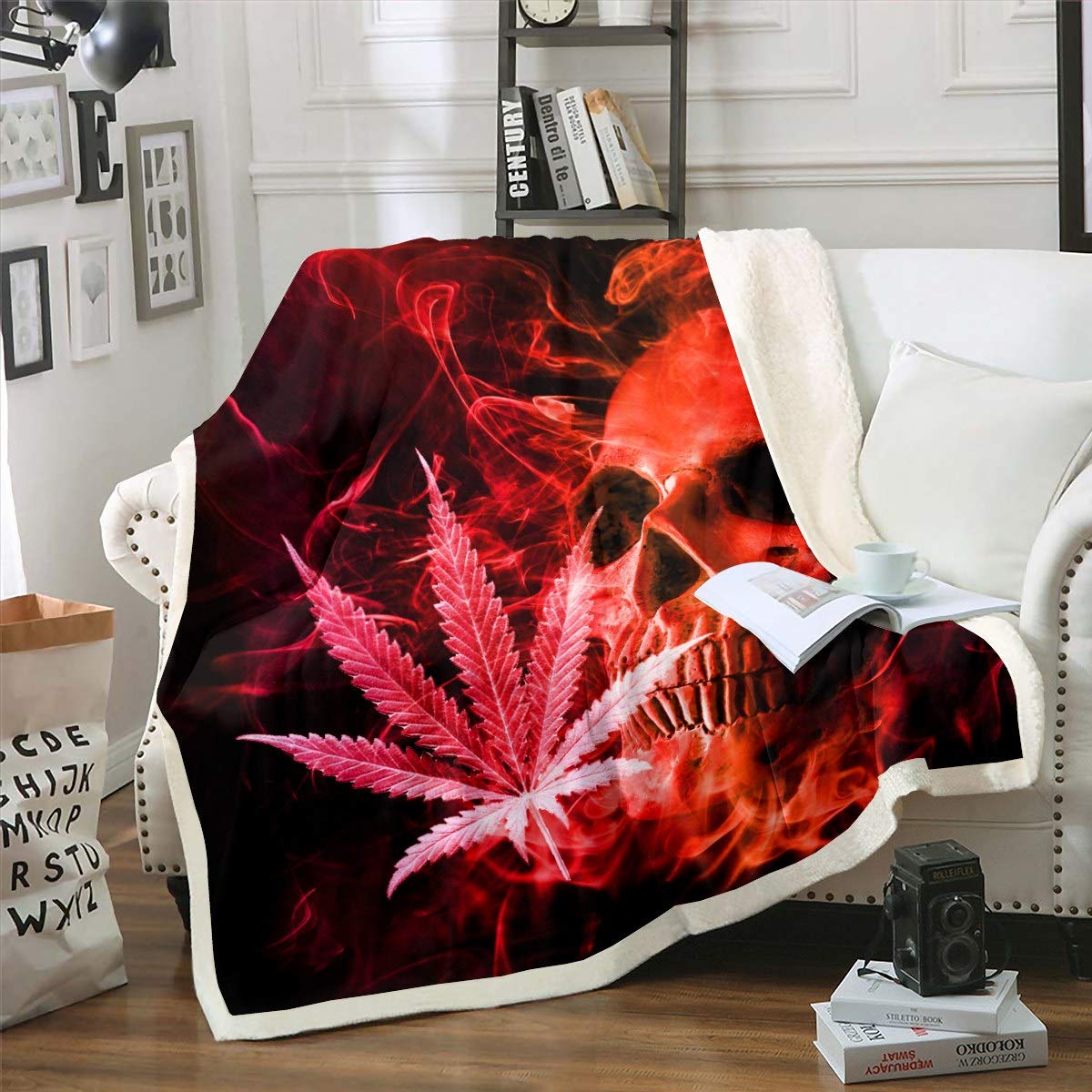 Homemissing Marijuana Leaf Skull Plush Blanket Cannabis Leaves Fleece Throw Blanket for Kids Boys Girls Cute Skull Skeleton Sherpa Blanket Chic Hemp Red Fuzzy Blanket for Sofa Bed,King 87x94 Inch