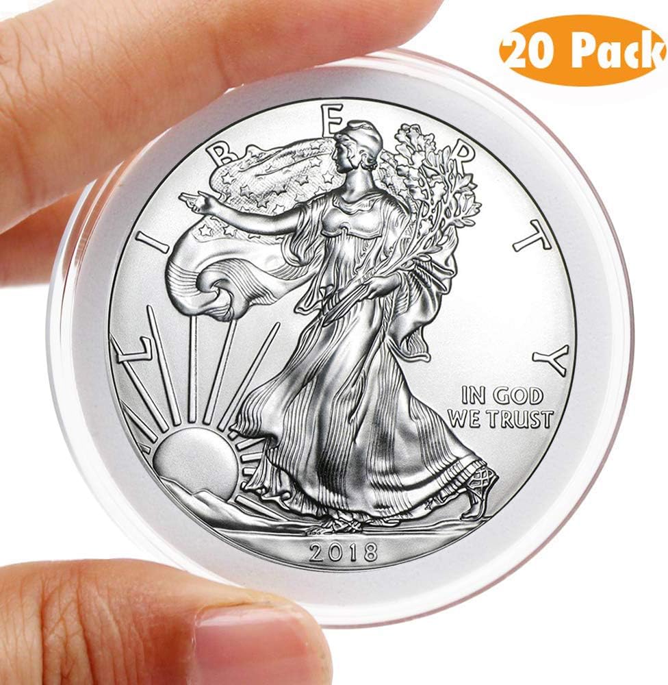 AukeyStar Round Clear Plastic Coin Capsules, 20 Pieces Coin Holder Case of 6 Size(20/25/30/35/40/46mm) with Adjustable Gasket for Coin Collection American Silver Eagle Liberty Coin &JFK Half Dollar