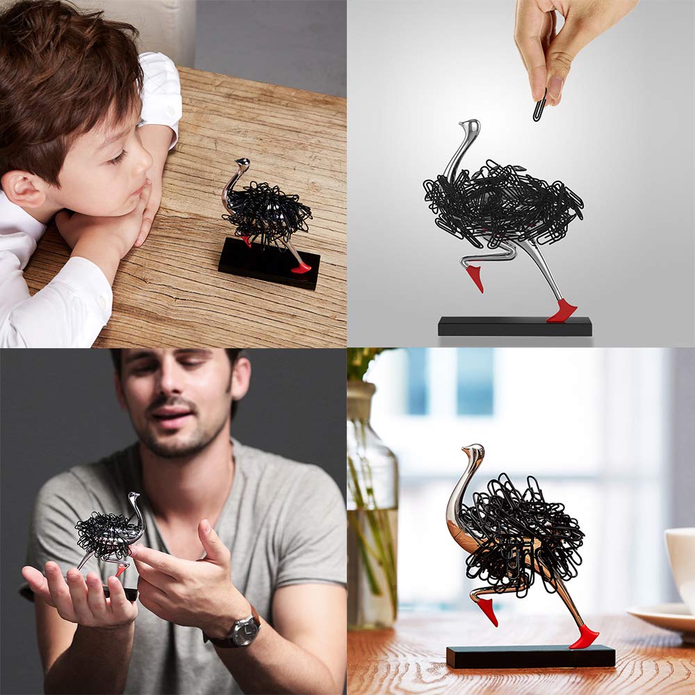 Porta graffette magnetiche, dispenser di graffette, scatola portaoggetti con struzzo che corre, contiene graffette, decorazione da scrivania, regalo per amici (nero)
