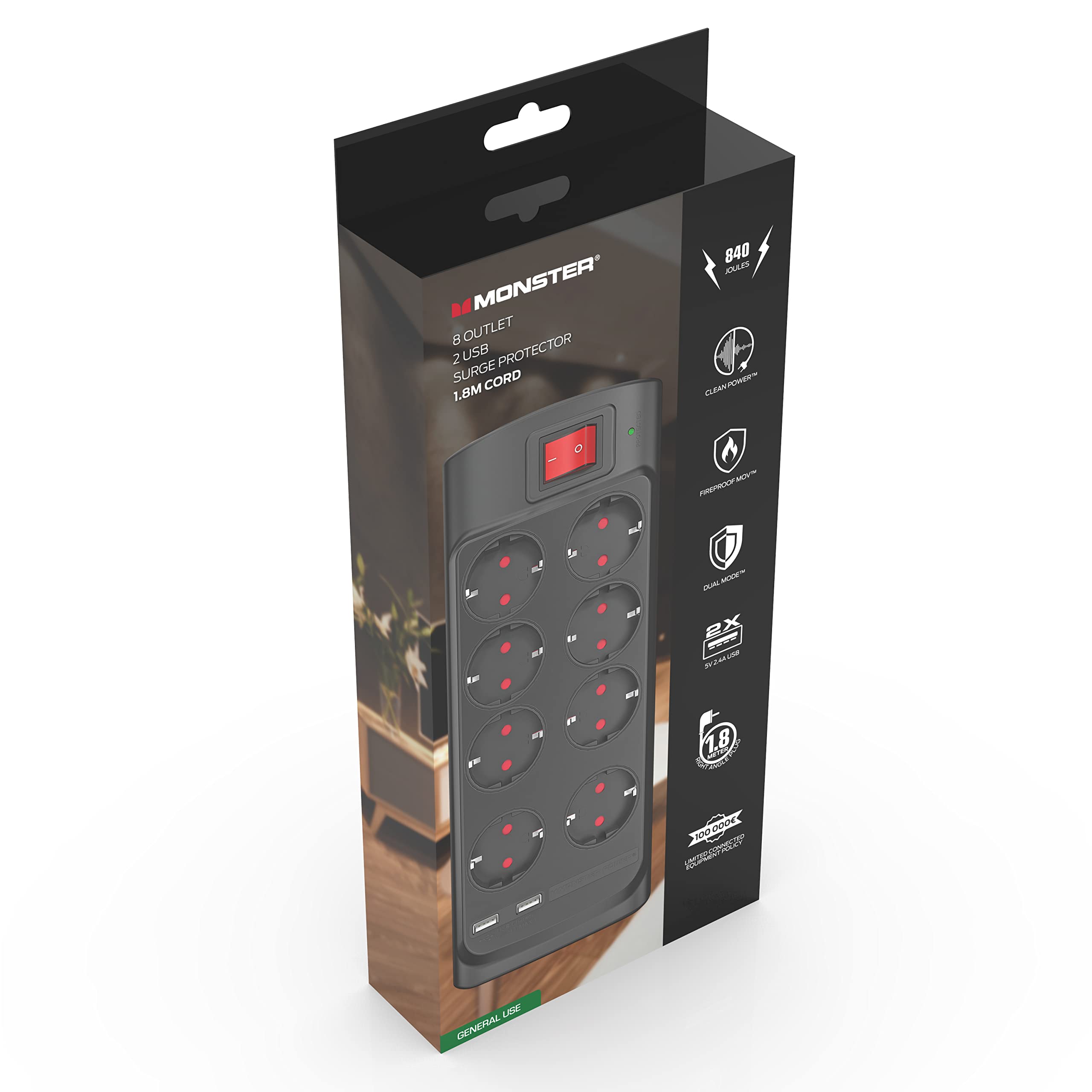 Monster - Multiprise - 8 Prises + 2 USB avec Interrupteur - 1,8 m - Noir