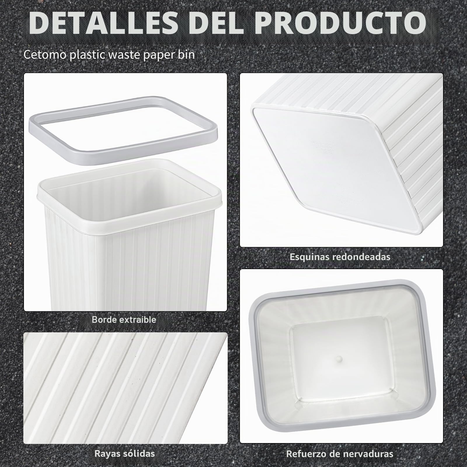 Cetomo 8.2L*3 Papelera de Basura de Plástico, Bote de Basura, Papeleras Pequeñas, Papelera Para Dormitorio, Canasto de Basura Cuadrado con Raya Sólida, Empilables, Mate, PP, Blanco, 8.2L-3 Unidades