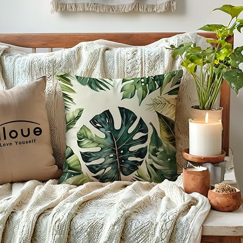 Miniatura 9 de ULOVE LOVE YOURSELF Paquete de 2 fundas de almohada de hojas de plátano de algodón y lino con hojas de palmera tropicales, fundas de almohada