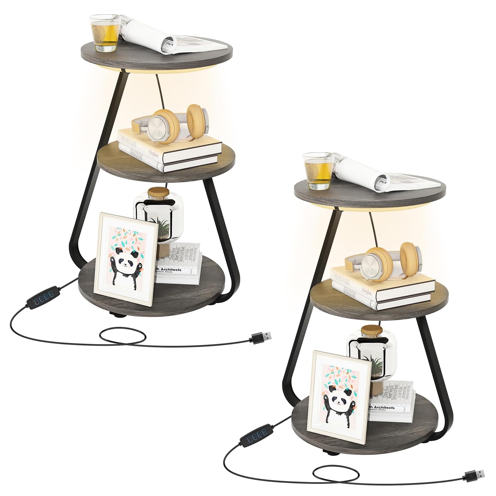 ARTETHYS Side Table Set of 2, Bedside Small Coffee Table with 3 Color LED Lights, End Table with 3 Tier Storage Shelves for Living Room Bedroom, Grey — image 1