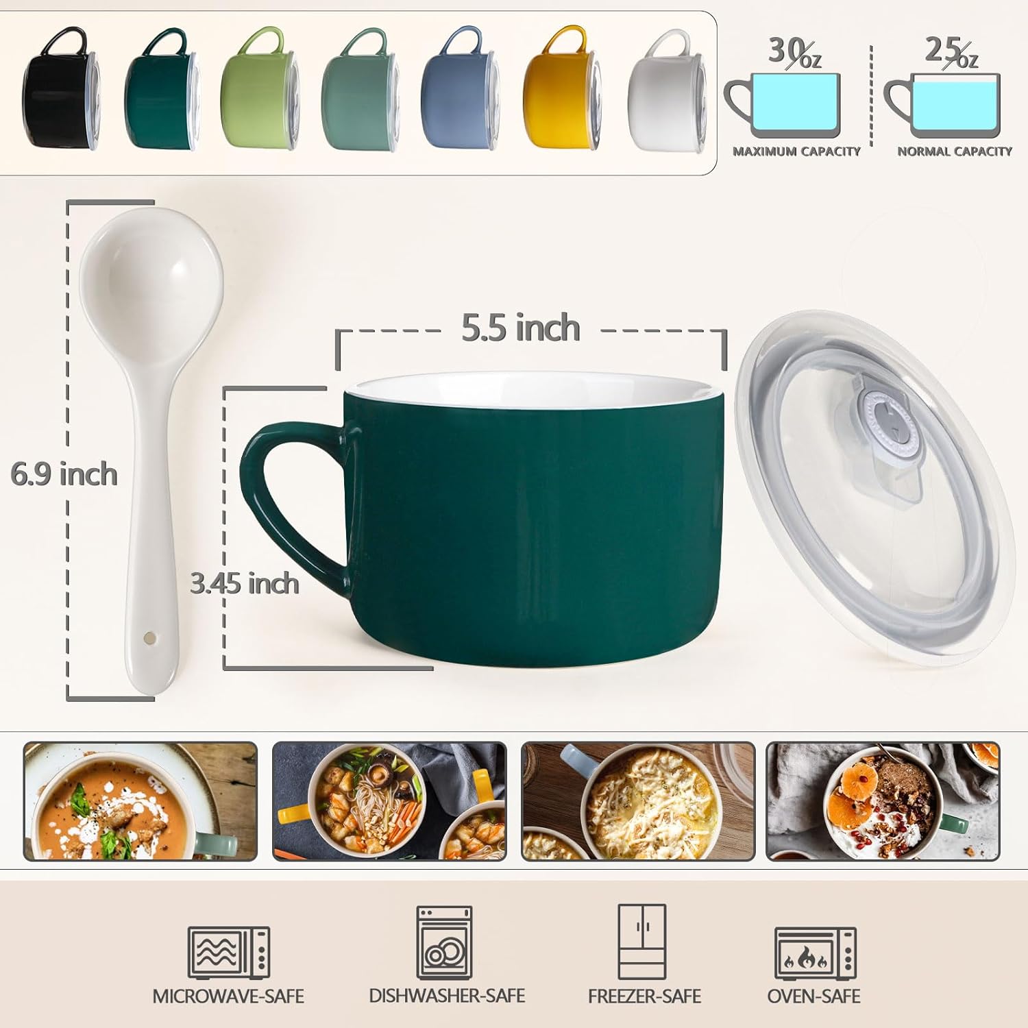 Ceramic Ramen ⁢Bowl Showdown: Handles, 30oz, Lid, and Surprising Multifunctional use… (Dark ‍Green, Set of 2)
