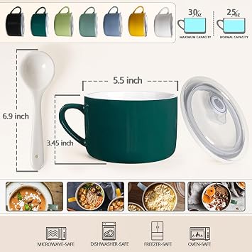 Soup Bowls with Handles & Spoons, 30oz Ceramic Ramen Bowl with Lid & Embossed Salad Plates Set of 4, 8 inch White Ceramic Dessert Appetizer Plates, Small Dinner Plates, Restaurant Kitchen