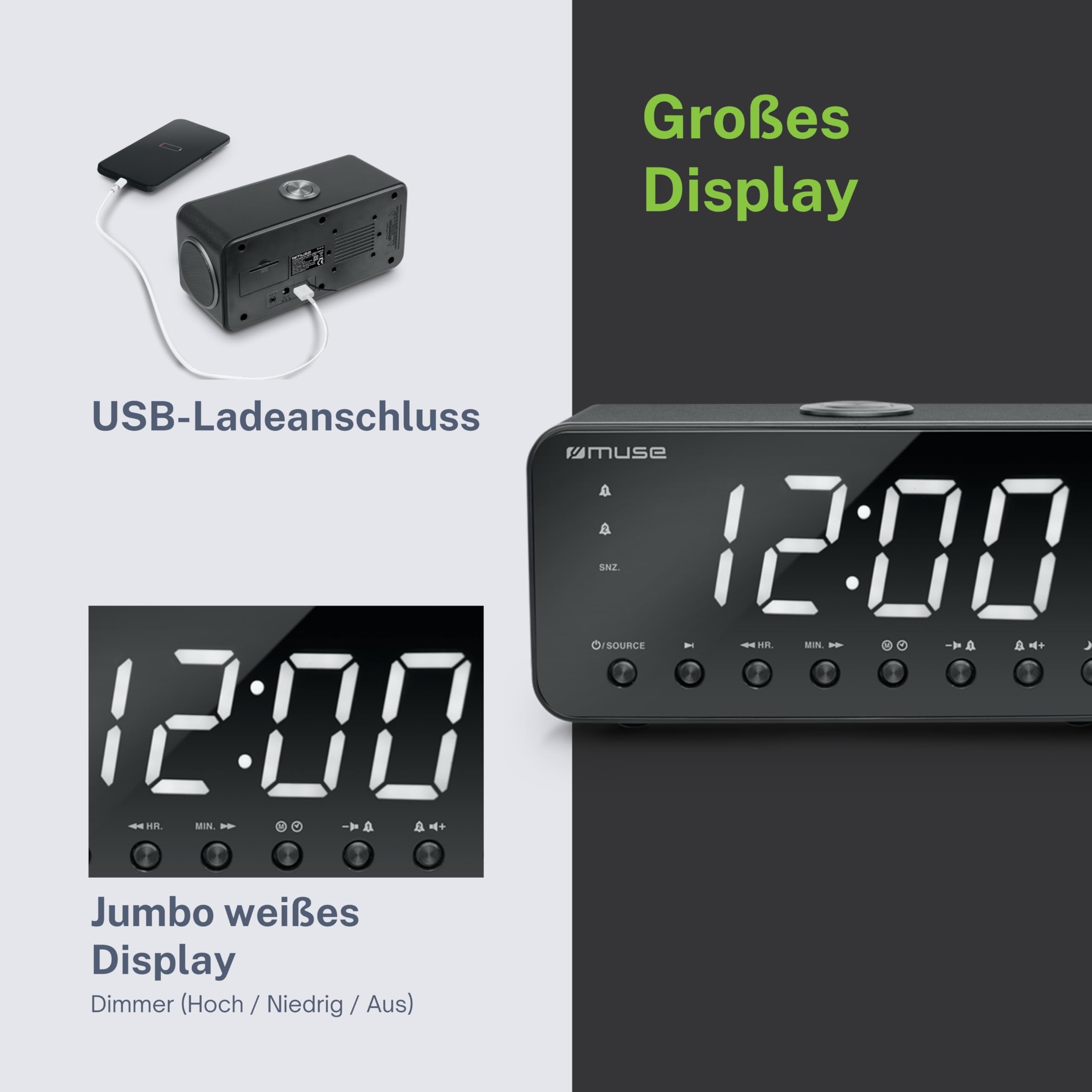 Muse m-192cr - Radio Sveglia USB, colore: nero opaco