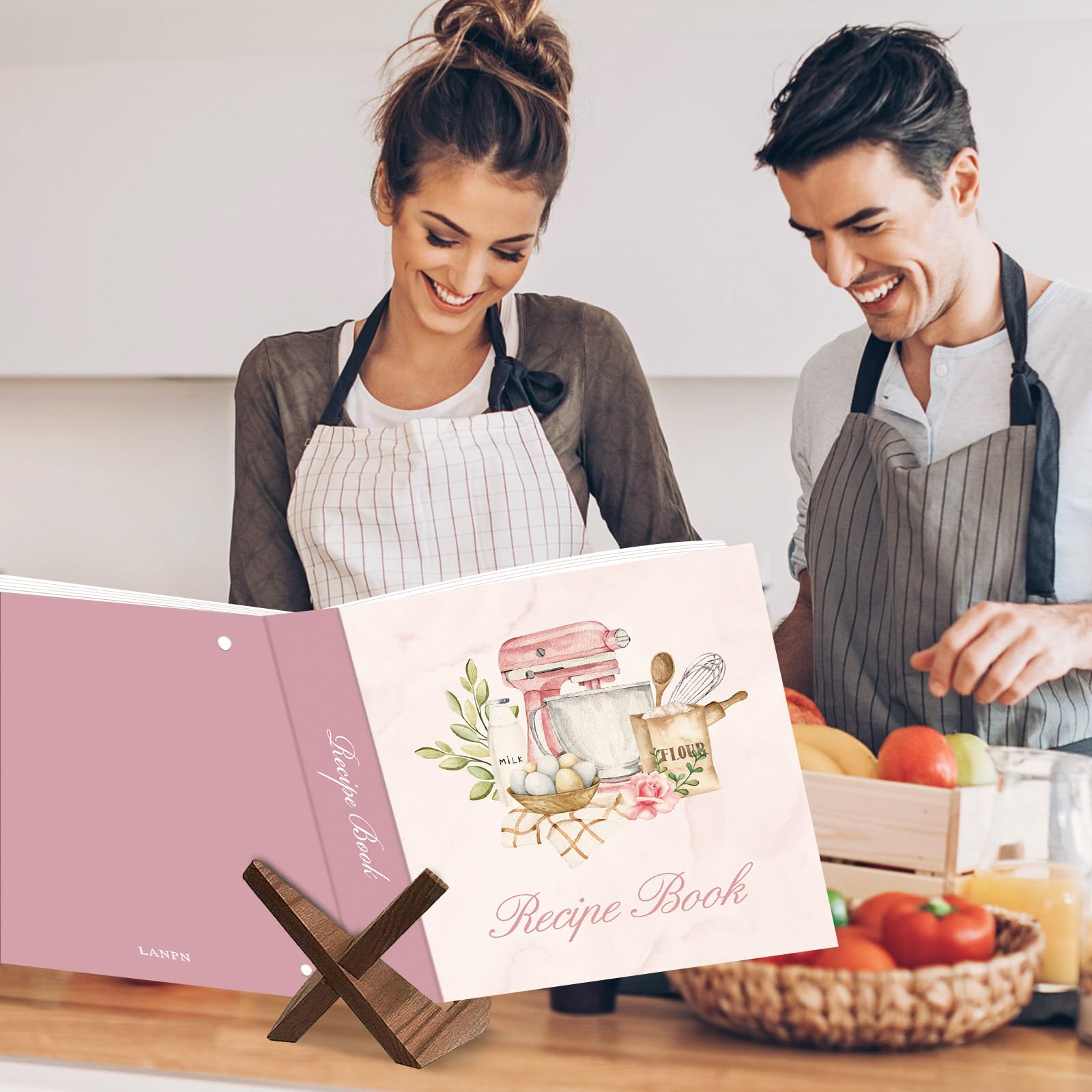 Lanpn Rezepte Ordner 3 Ringen für Kochrezepte, Kochbuch Selbst Schreiben, Leder Recipe Binder Rezeptordner mit 8 Trennblättern und 2 Aufklebern, DIY Rezeptbuch zum Selberschreiben, Rose, Englisch