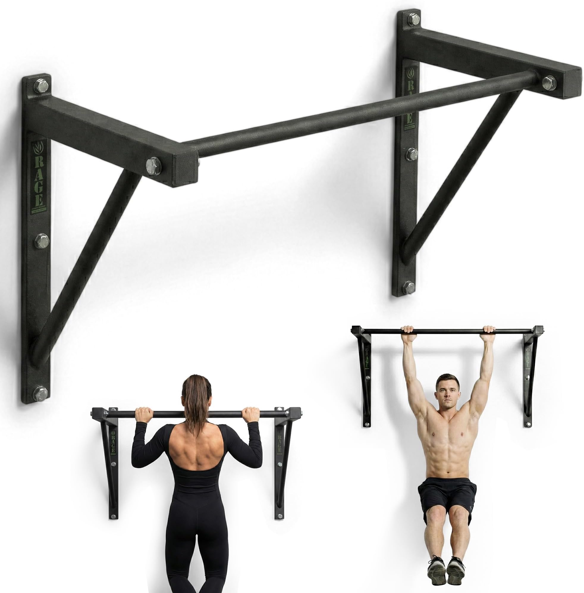 Rage Fitness Heavy-Duty Wall Mounted Pull Up Bar - 500 lbs Weight Capacity | Maintain Upper Body Strength & Core Stability | Space Efficient Steel Chin Up Black Bar for Home & Gym Versatile Workouts