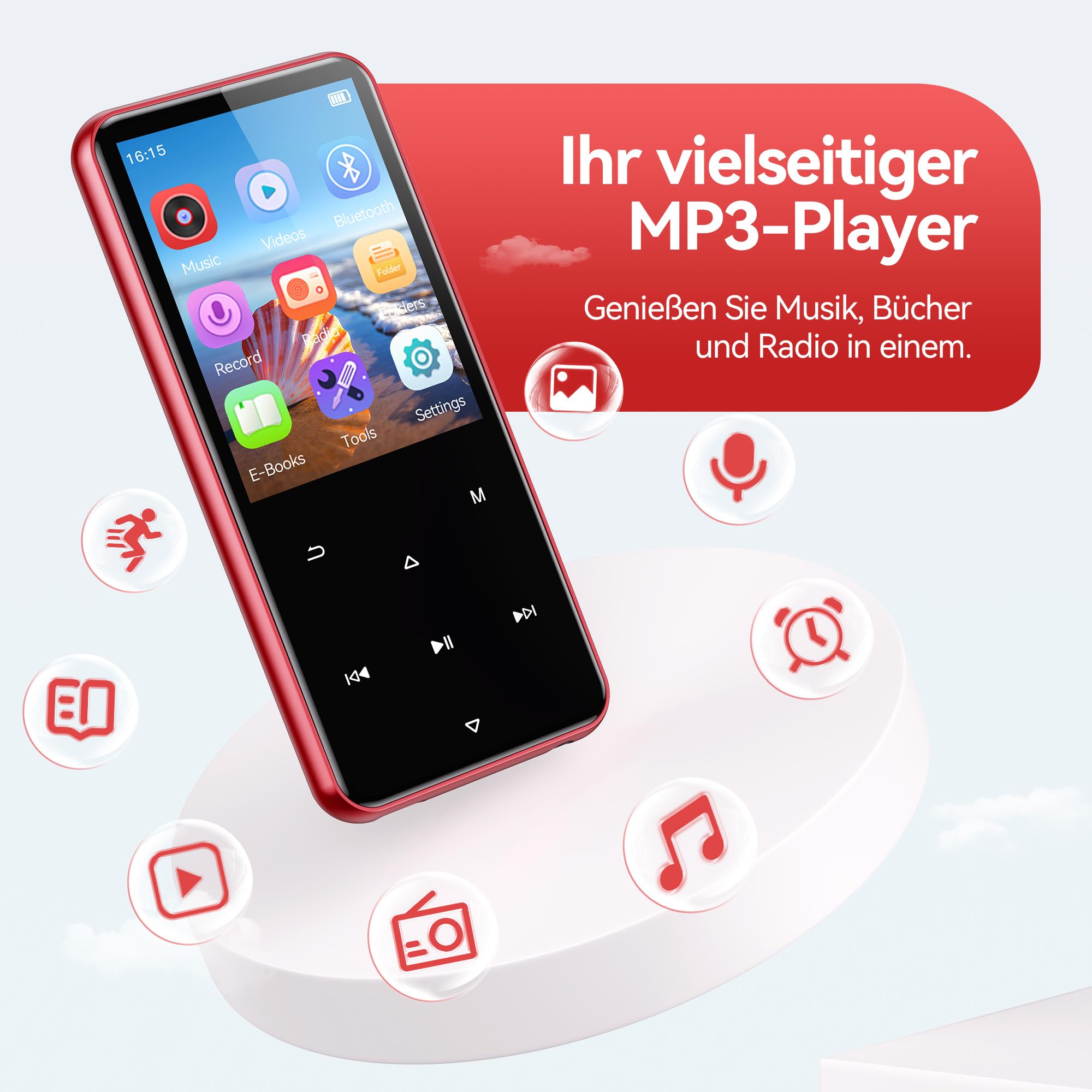 AGPTEK 2,4" MP3 Player & Tasche, 64GB MP3 Player Bluetooth 5.3 HiFi Musik Kinder MP3 Player mit Lautsprecher, Touch-Tasten, FM-Radio, E-Book, Aufnahme, Unterstützung bis zu 128 GB, Rot