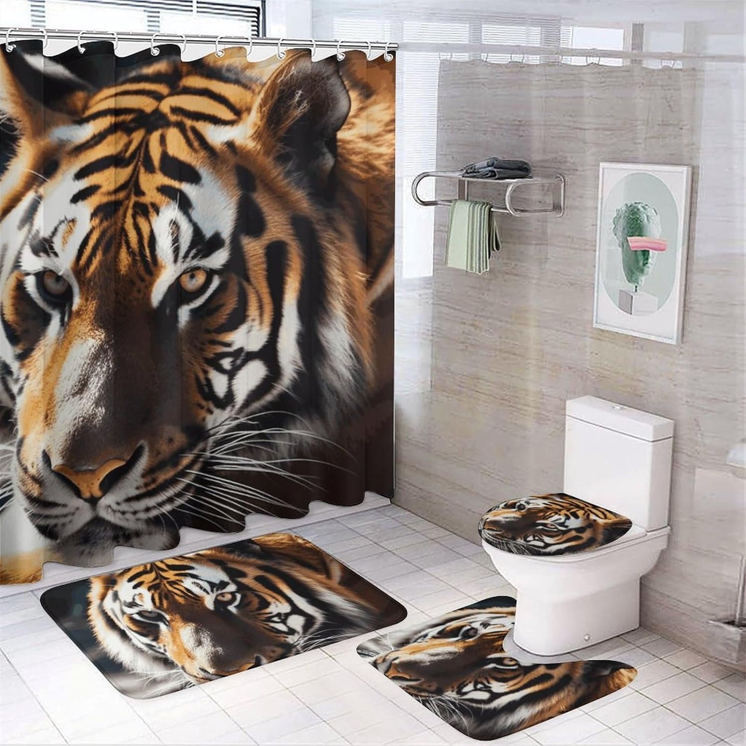 Wild Animal Tiger Shower Curtain Set 4 Piece, Non-Slip Bath Mat with Toilet Lid Cover and Waterproof Shower Curtain with 12 Hooks, Complete Bathroom Set for Home Decor