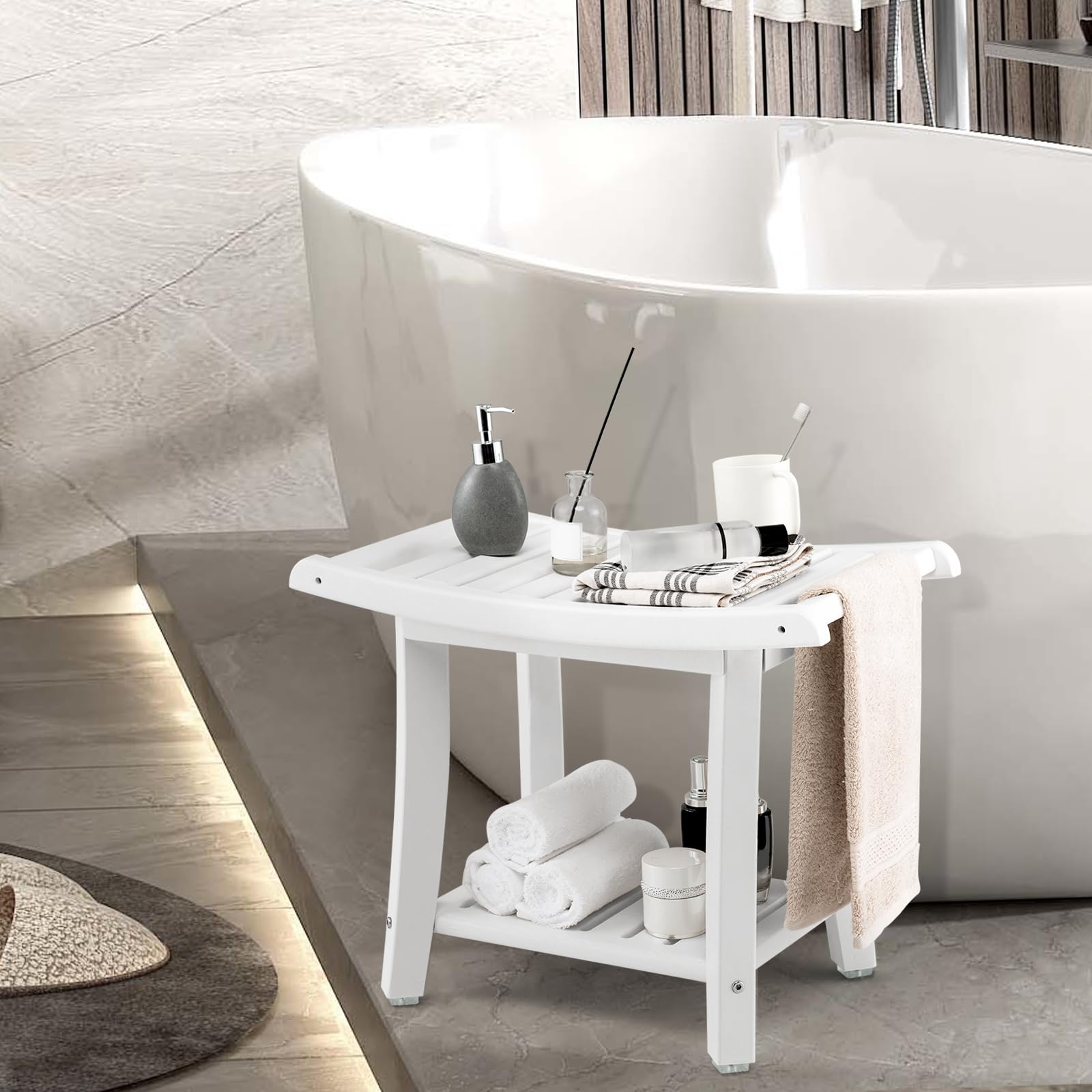 Giantex Shower Chair, Waterproof HDPE Shower Seat with Storage Shelf, Handles & Non-Slip Foot Pads, 2-Tier Shower Stool for Inside Shower, Plastic Shower Bench for Bathtub Seniors Adults Disabled