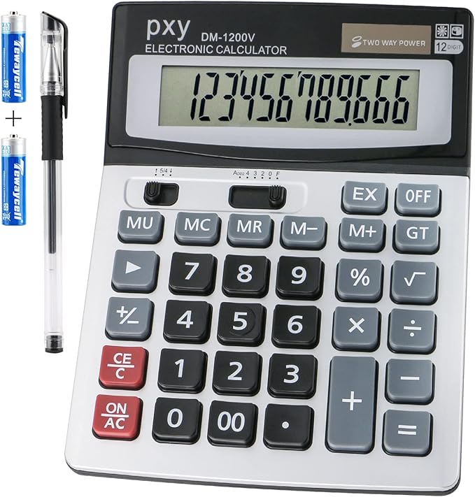 Large Desk Calculator Basic, Touch Comfortable with Large Buttons, PXY Two Way Power Battery and Solar Standard Function Office Calculators,12 Digit Calculatrice Large Display Clearly