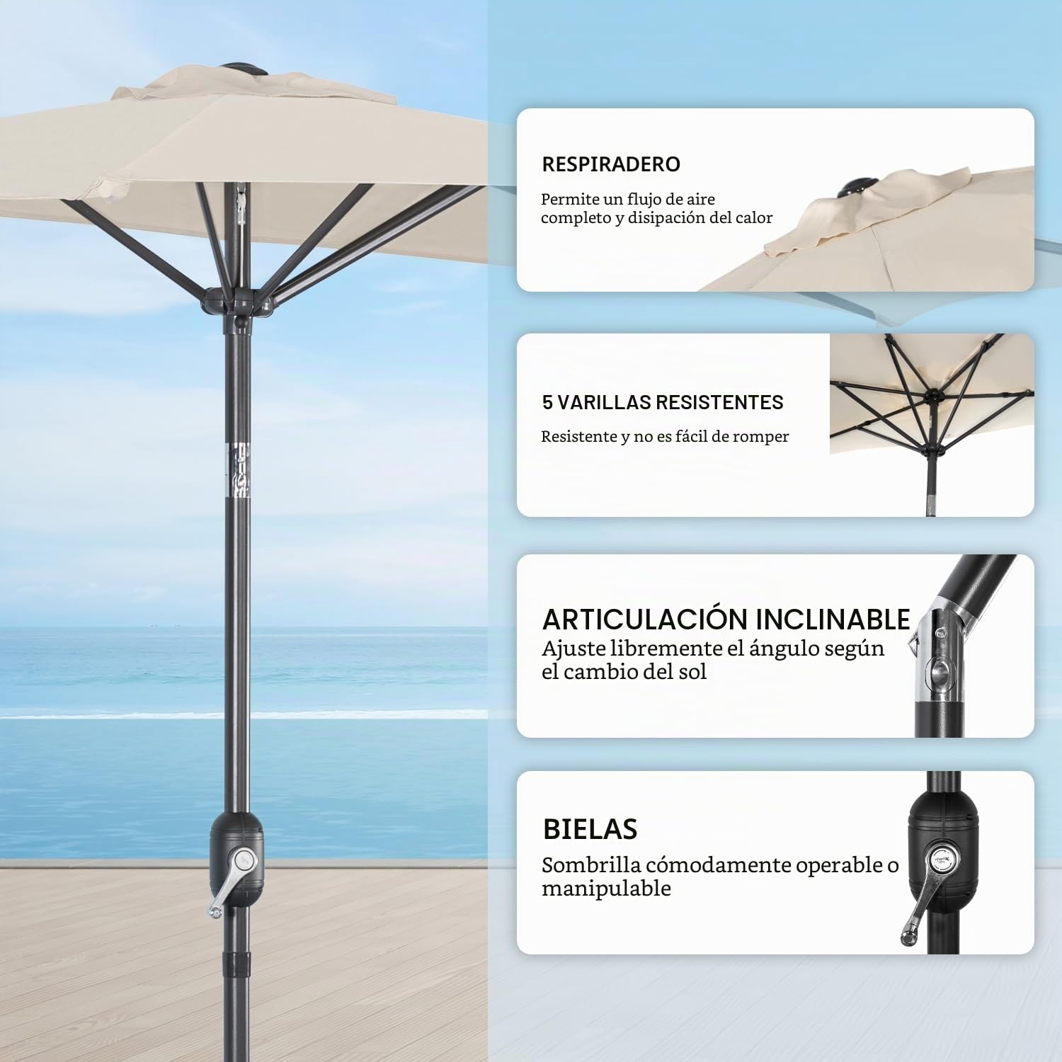 Angel Living Half Circular Parasol, Sombrilla Semicircular 250cm de Acero, Mástil Central de Acero de 38 mm, Para Jardín Patio Balcón