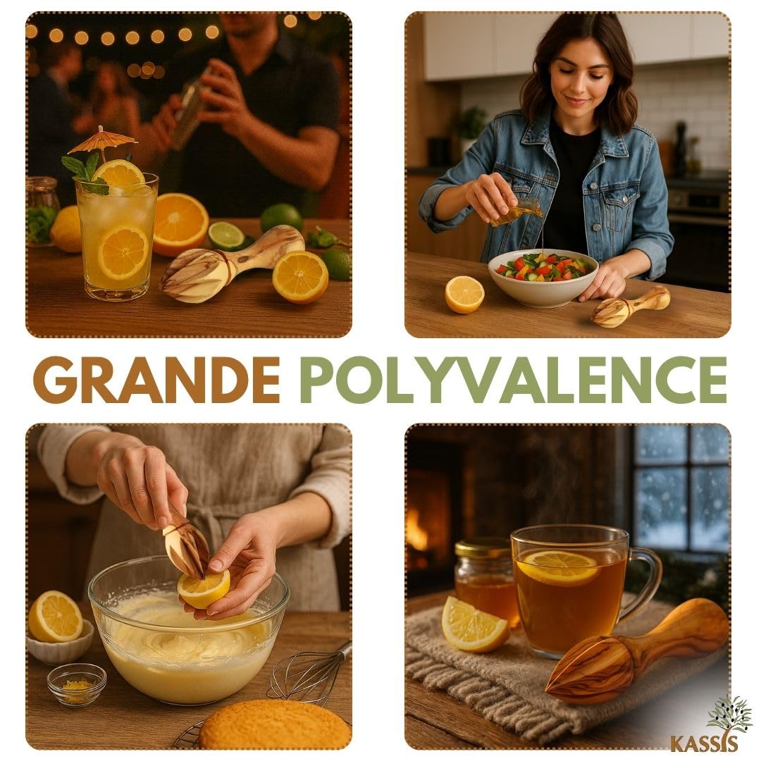 KASSIS Presse-agrumes en bois d'olivier - Jus frais - Presse-lime et orange artisanal 14 cm