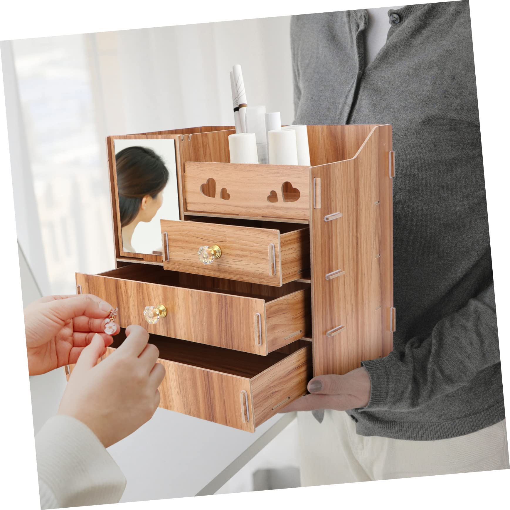 Holz Kosmetikaufbewahrungsbox mit Spiegel und Schublade für Schreibtisch