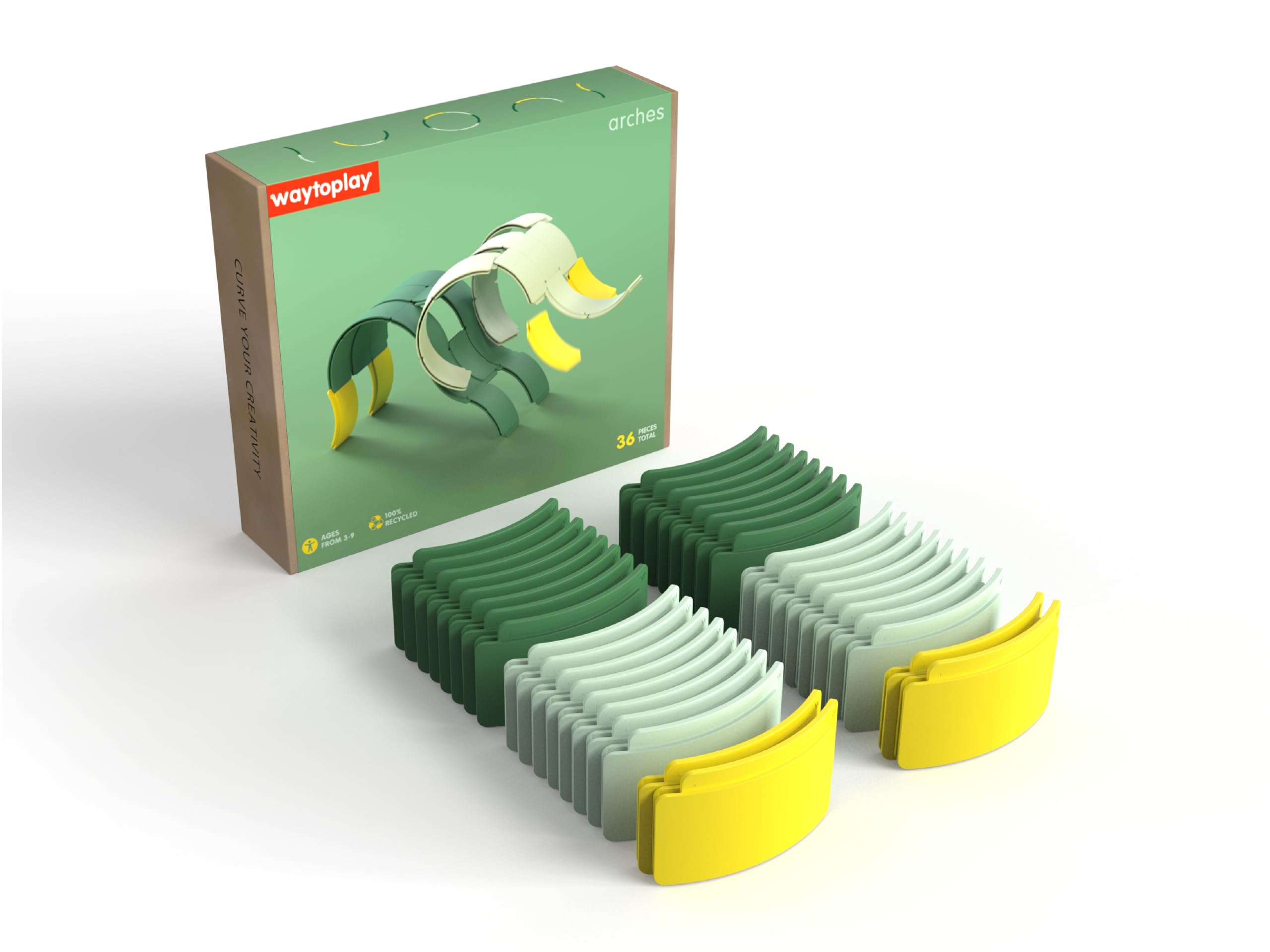 waytoplay Arches - Creator Set 36 pezzi di giocattoli - 100% Riciclato Modular Building Toy - Made in Europe - Creative Open Play for Kids 3+