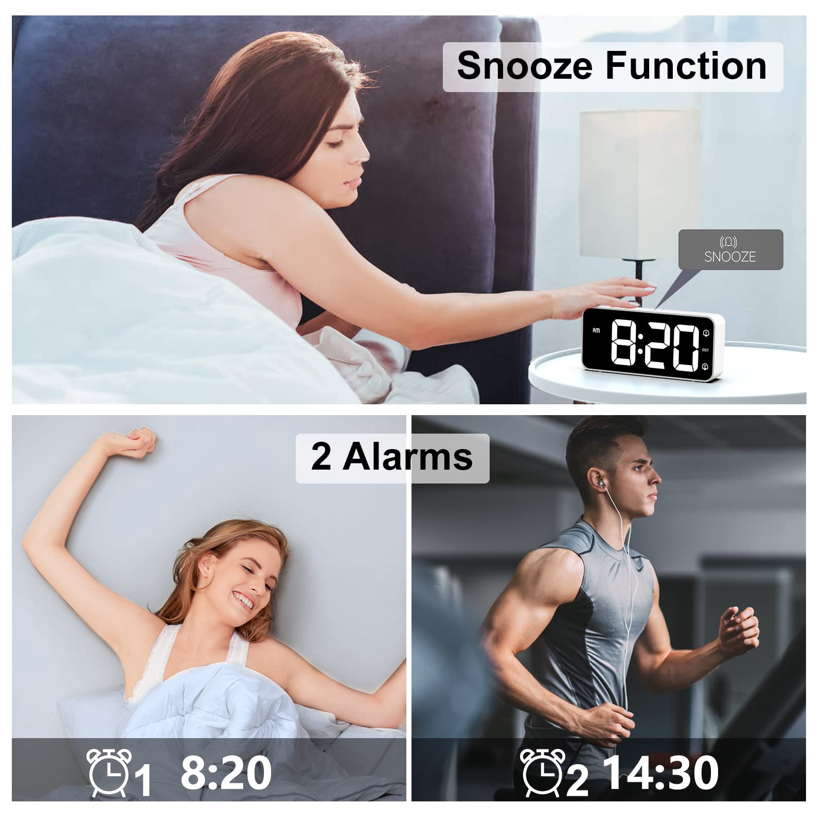 Sveglia da Comodino, Sveglia Digitale con Led Numeri Grandi, 0-100% Dimmer, 90-120 dB Volume, 2 Allarme, 12/24H, Snooze, Porta di Ricarica USB (Adapter Incluse), Bianco
