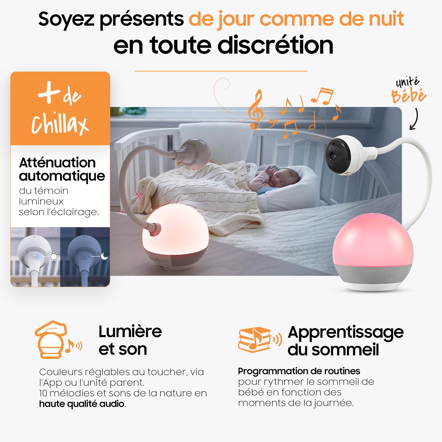 CHILLAX - Babyphone Camera Giraffe Mood Sleep Trainer - Écran LCD HD 5'' - Caméra 360° 1080p - Tige Flexible - Apprentissage du Sommeil & Veilleuse Multicolore - Talkie-Walkie - WiFi on/Off - App