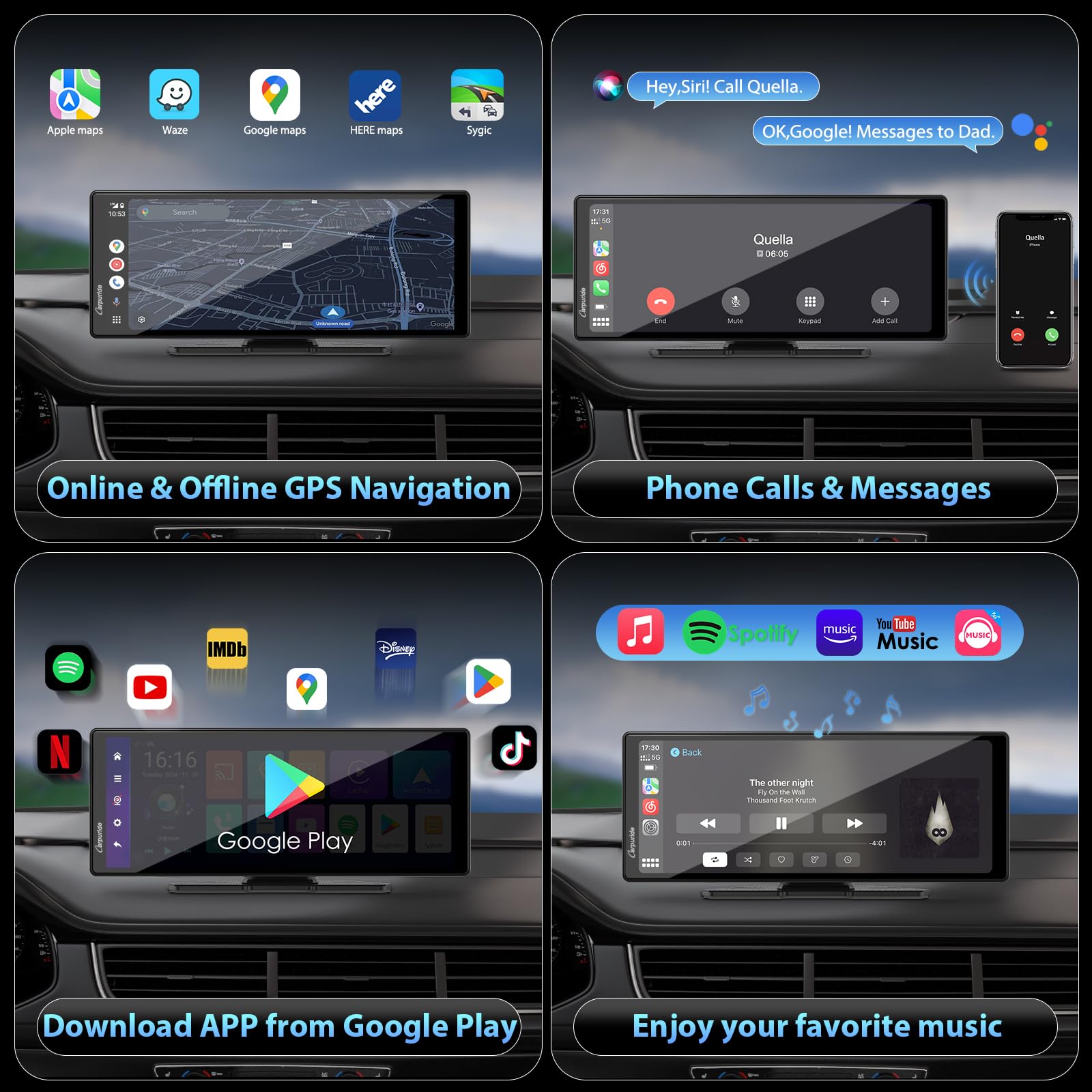 CARPURIDE CarPlay sans Fil Android Auto 4+64 GB, écran Navigation en Ligne et Hors Ligne, Google Play, Mirror Link, BT, Antenne GPS, Caméra Recul, Plein écran 10,26", Zone Visualisation 9,3"