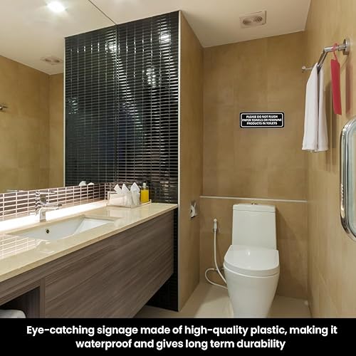 Miniatura 6 de Letrero de baño con texto en inglés «Please Do Not Flush Paper Towels or Feminine in Toilets», viene con cinta 3M de doble cara para asegurar