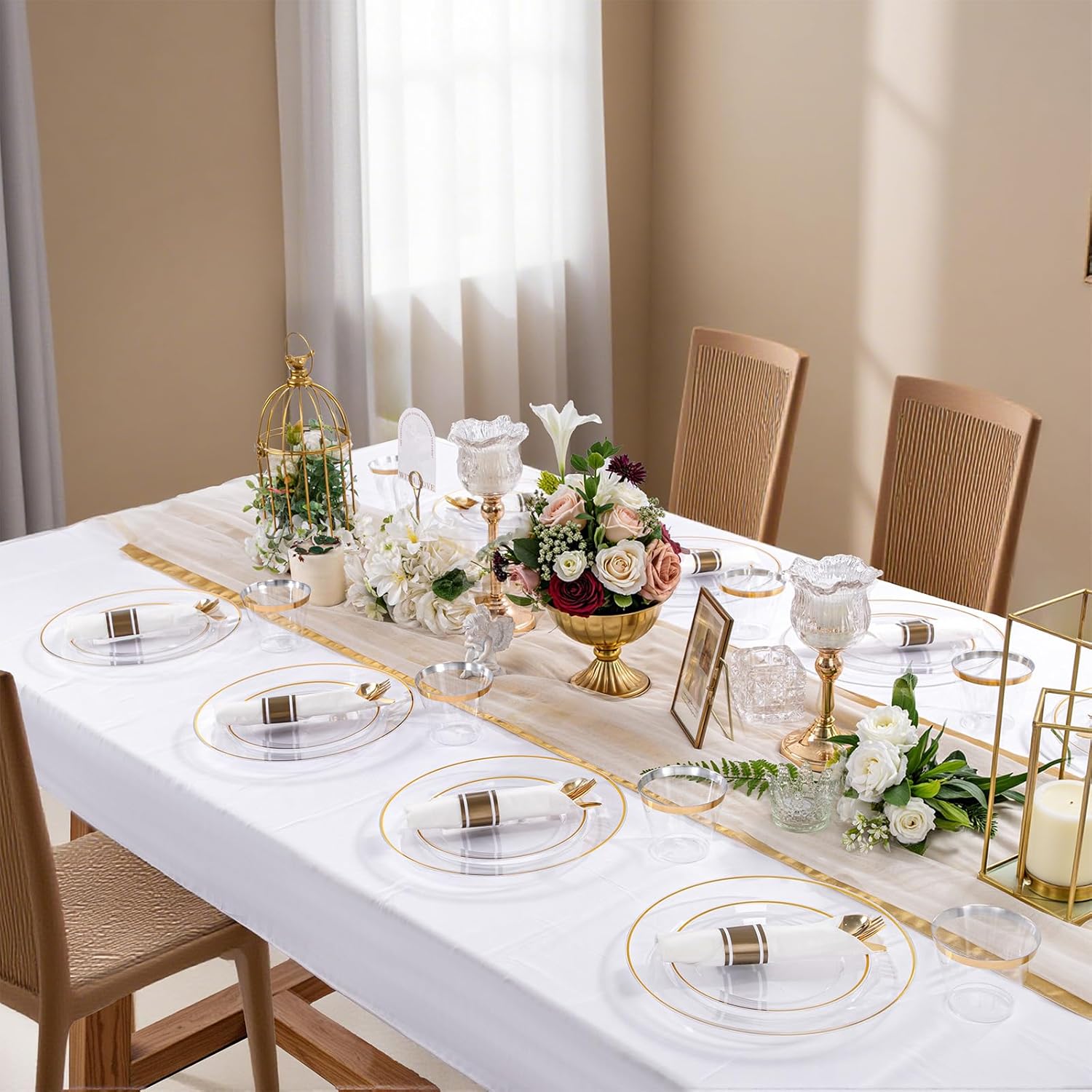 SUT 350 Pcs Gold and Clear Plastic Dinnerware Set for 50 Guests, Include: 50 Dinner Plates, 50 Dessert Plates, 50 Pre Rolled Napkins With Silverware, 50 Cups, Disposable Plates for Party, Wedding - Image 5