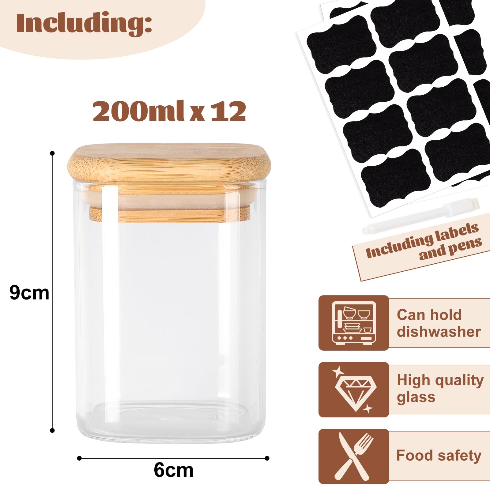 Set di 12 barattoli rettangolari 200 ml, ermetici con coperchio in legno, set di barattoli per spezie