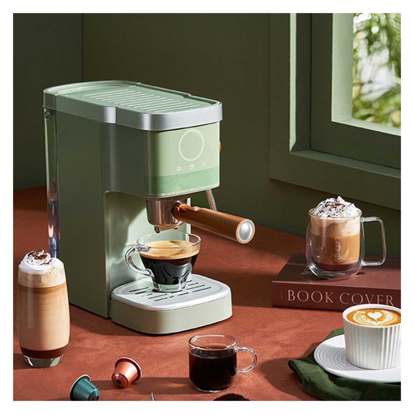 Cafetera semiautomática de 220 V con Bomba presión, cápsula Italiana, vaporizador Leche y Burbujas.