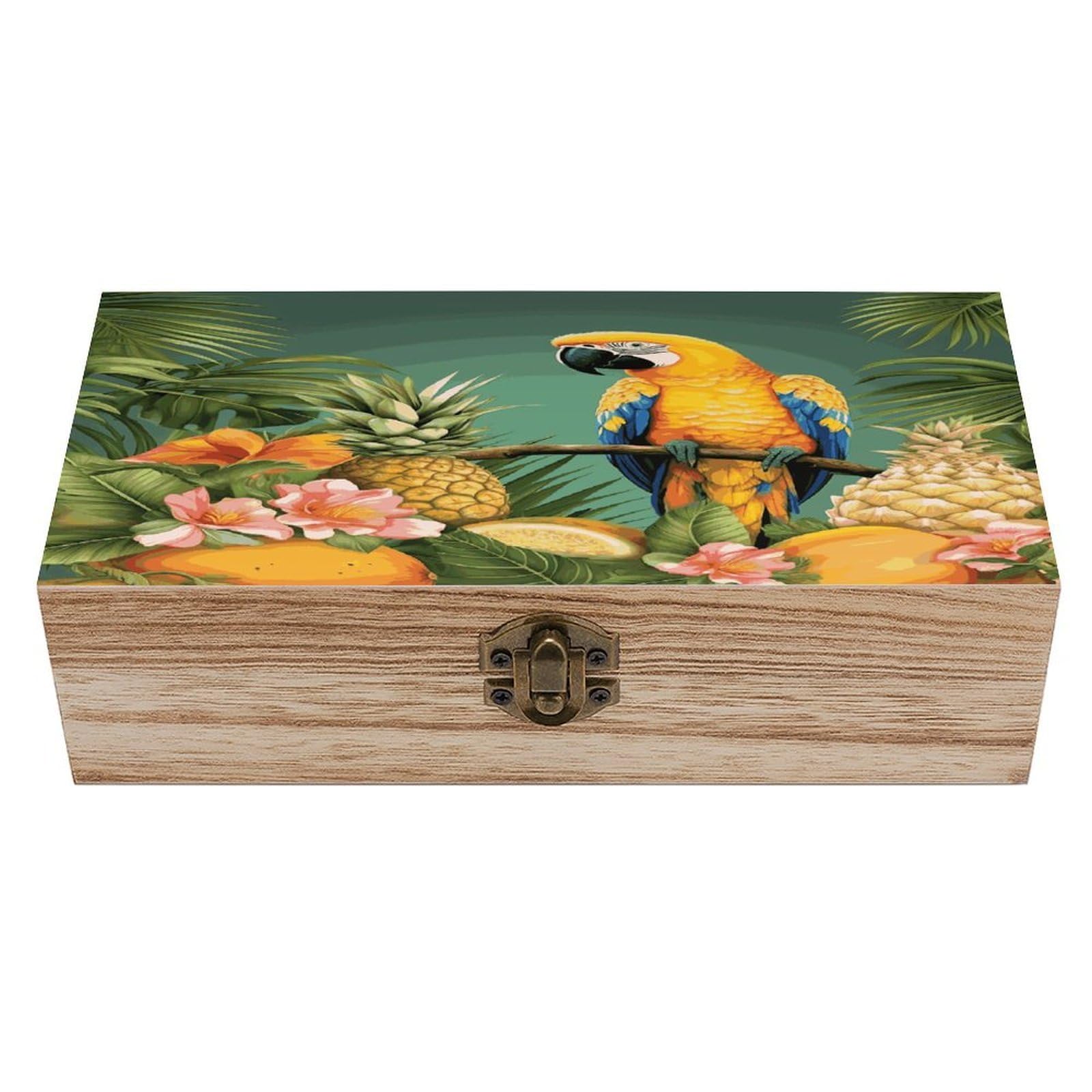 FekiLoot Summer Parrot Pineapple Bird Wooden Jewelry Box Personalized Wood Keepsake Box Large Decorative Wooden Storage Boxes with Hinged Lid Rustic Style Wood Jewelry Organizer for Desk Home Office