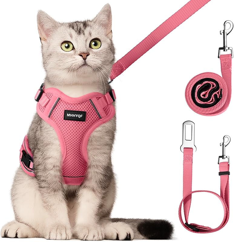 Peitoral para Gatos com Guia, Ajustável e Respirável com Faixa Refletiva MHHYQF Rosa Tamanho M