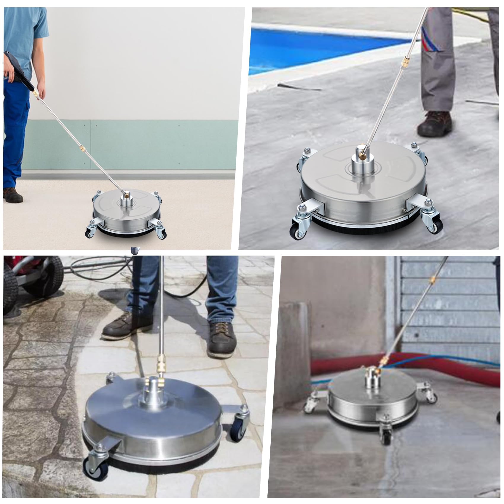 Limpiador de superficies de lavado a presión de 14 pulgadas con 4 ruedas, carcasa de acero inoxidable, enchufe rápido de 1/4 pulgadas, 2 varitas de extensión, 2 boquillas de repuesto