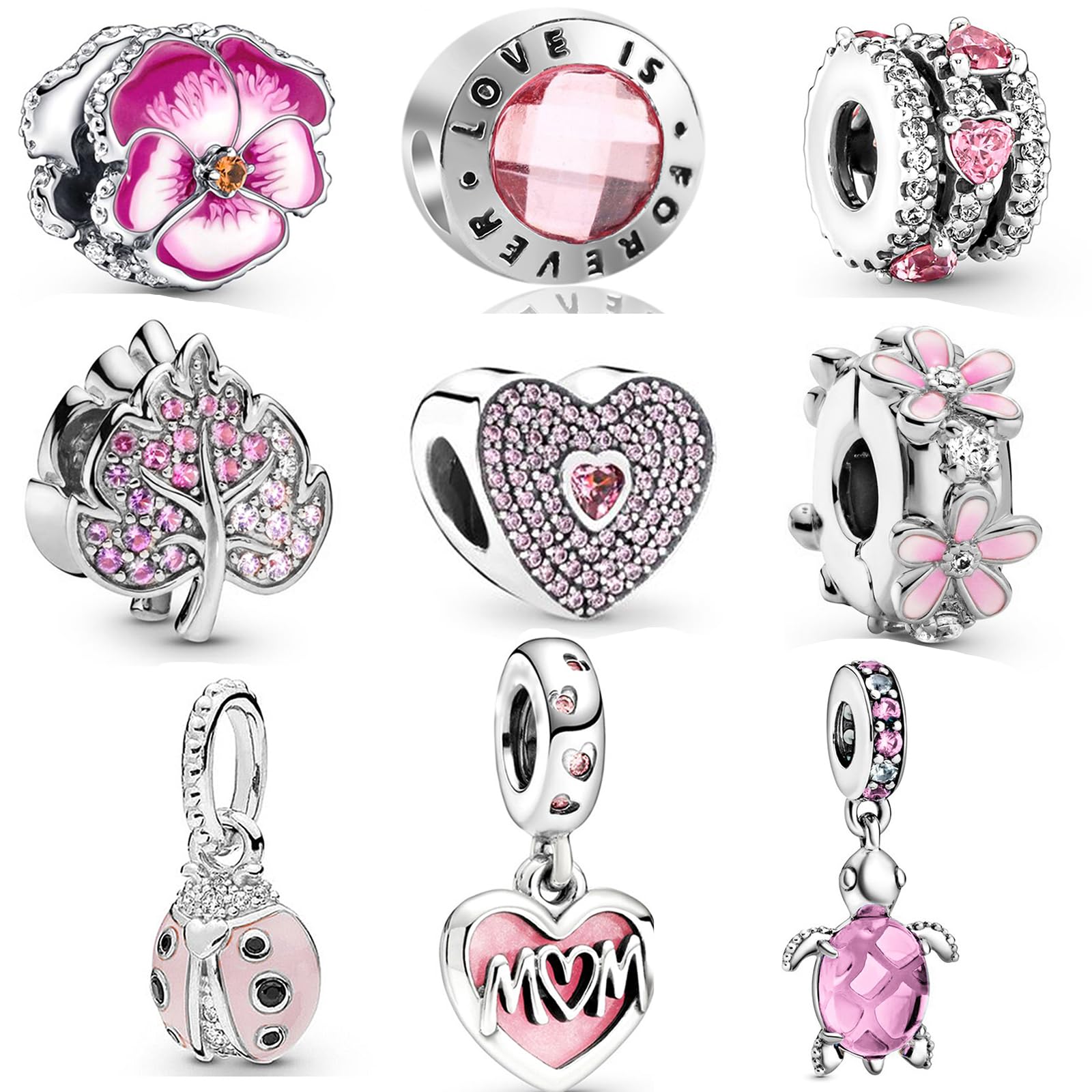 9 Pack Silver Spacer Beads Charms fit Bracelet, Heart Beads DIY Jewelry Gifts Women