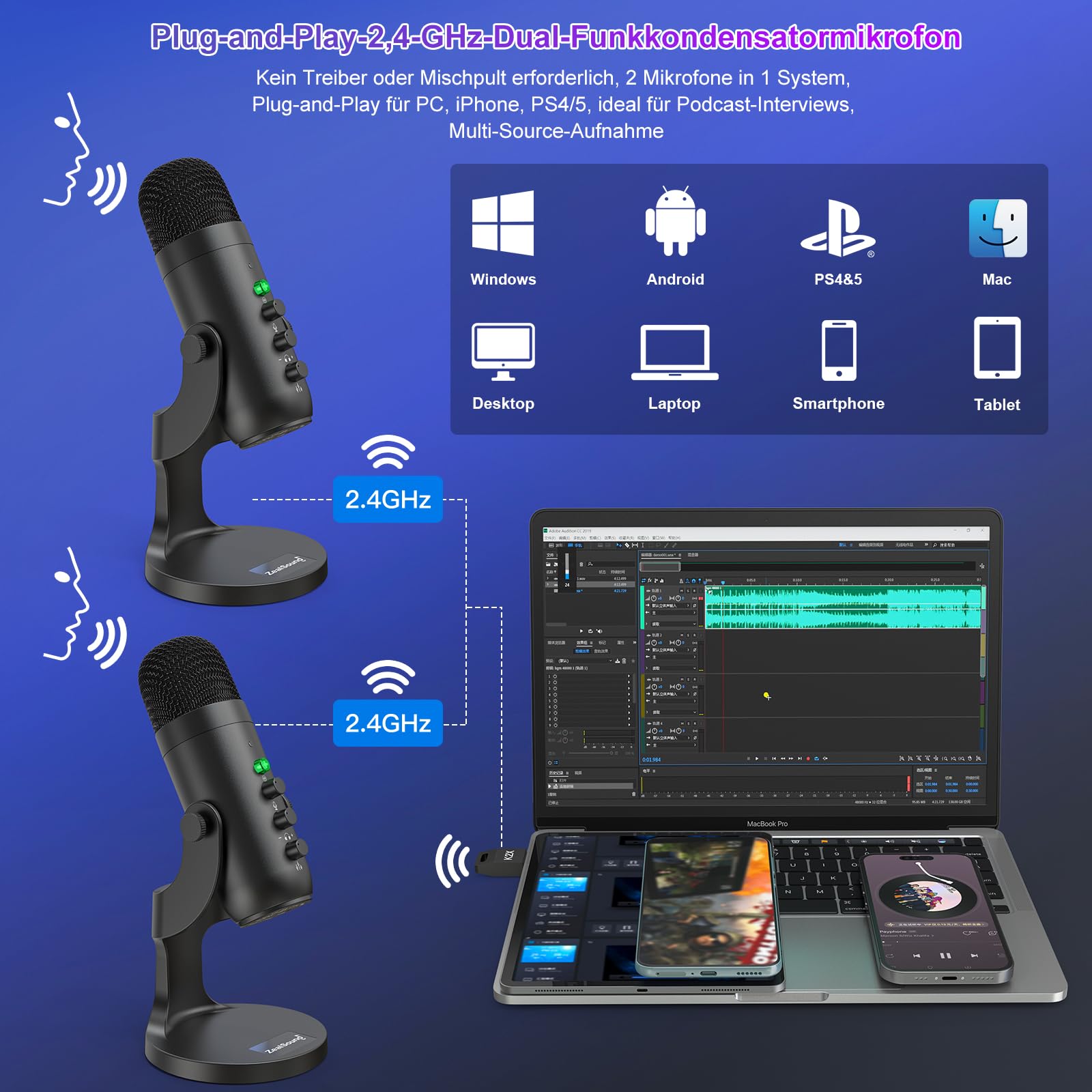 zealsound 2-in-1 Wireless USB Mikrofon für Podcast Interviews, Dual-Live Stream, Aufnahmen, Gaming-Co-Kommentare, YuTuber, Dual 2.4GHz Drahtloses Mikrofone Plug & Play für PC, Handy, iPhone