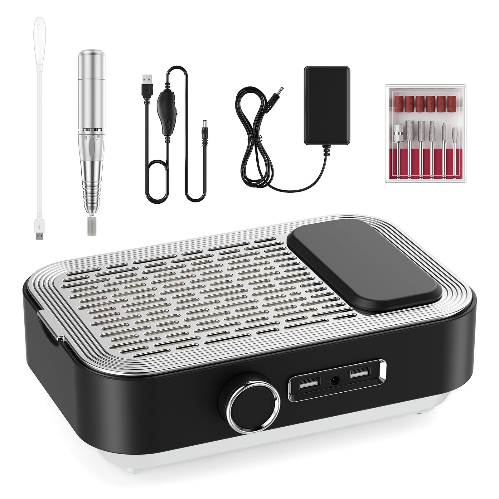 Lima per unghie elettrica 4 in 1 con aspirapolvere, lampada LED e powerbank, 45.000 giri/min Cura professionale delle unghie a casa e in salone