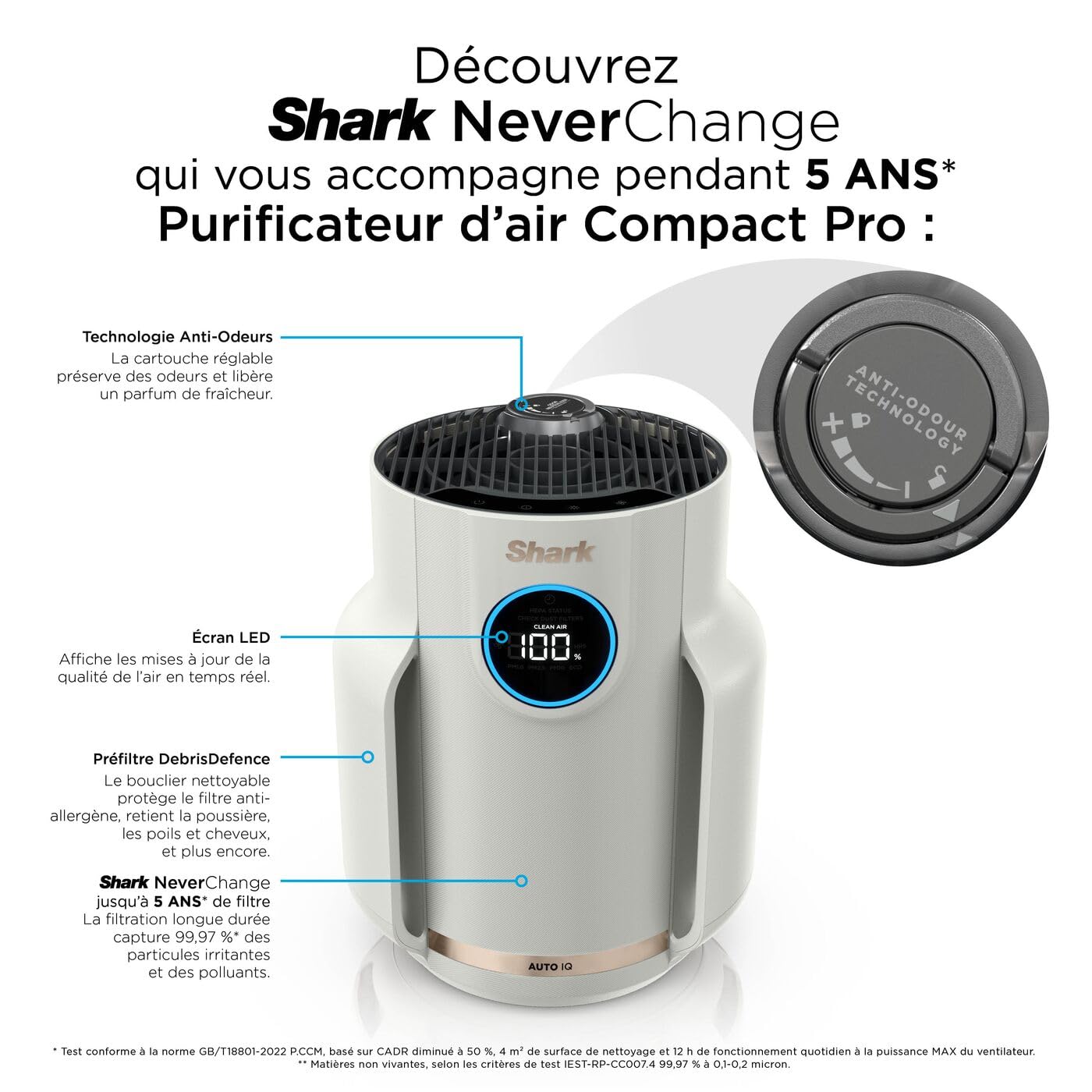 Shark NeverChange, Purificateur d’air compact pro, purificateur d'air silencieux pièces et chambres jusqu'à 23m², HEPA 99,9% aspire poussière, pollen, peaux mortes, écran LED, gris colombe, HP072EU