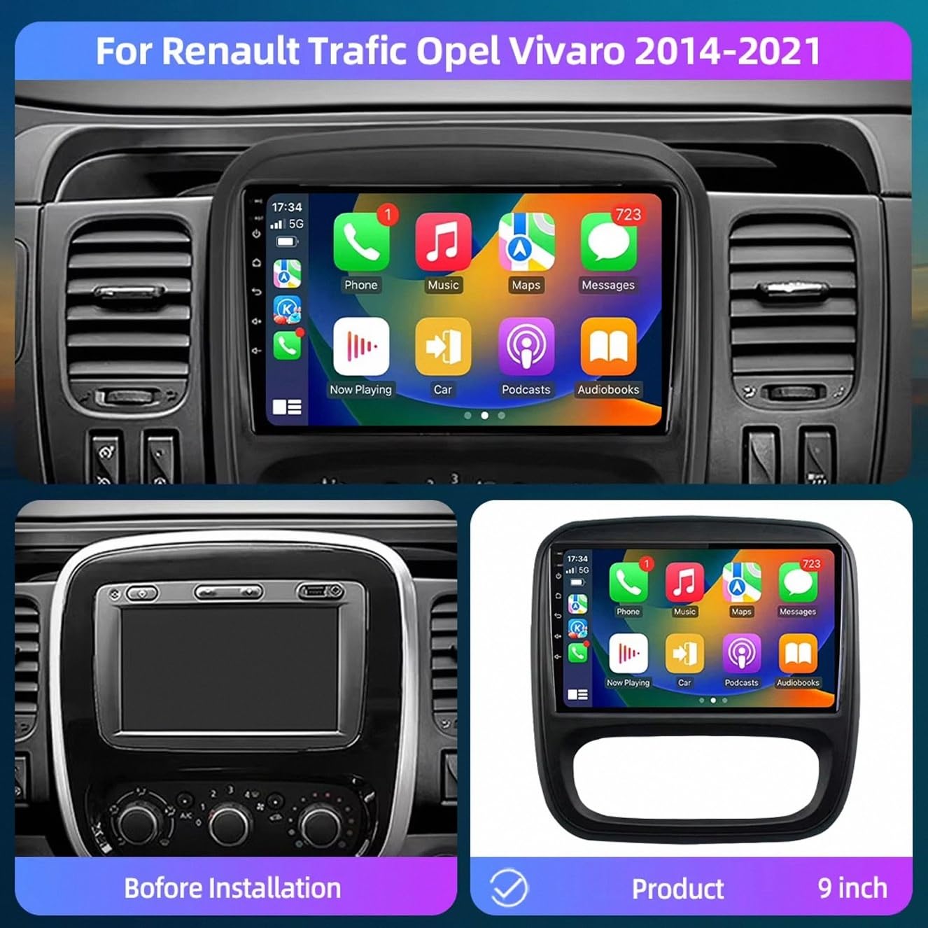 Car Stereo Carplay Radio de Coche para Opel Vivaro B 2014-2018 Soporta Bluetooth, Control Volante, USB, WiFi, 4G, Mirror-Link, GPS Navegador/Radio FM, 4 Nuclear 2G+32G