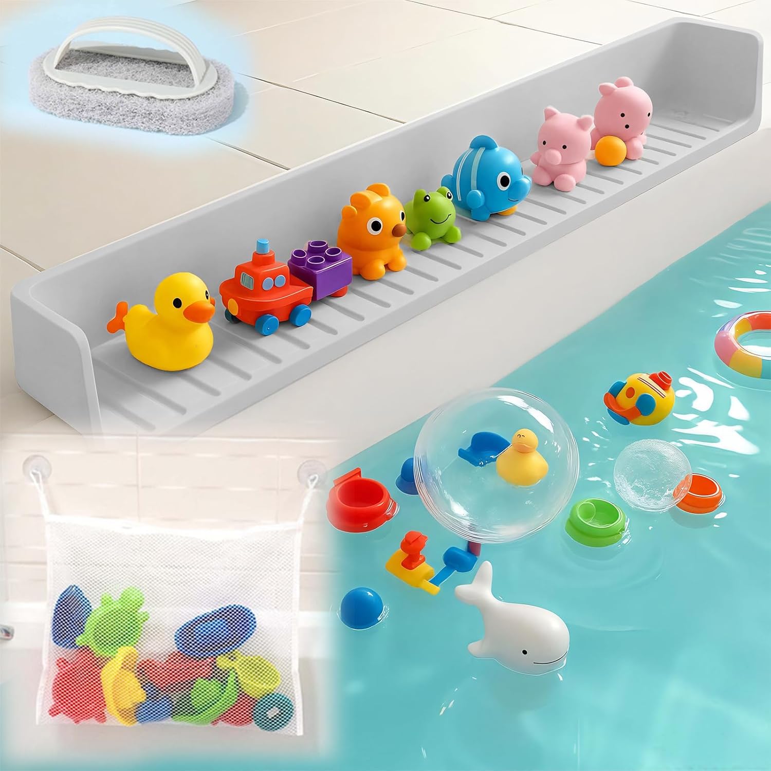 Extra Long White Bathtub Splash Guard Splash Guard Silicone Toy Shelf Holder Prevent Water Spills Kid Bath Tub Accessories (2.6FT, Gray)