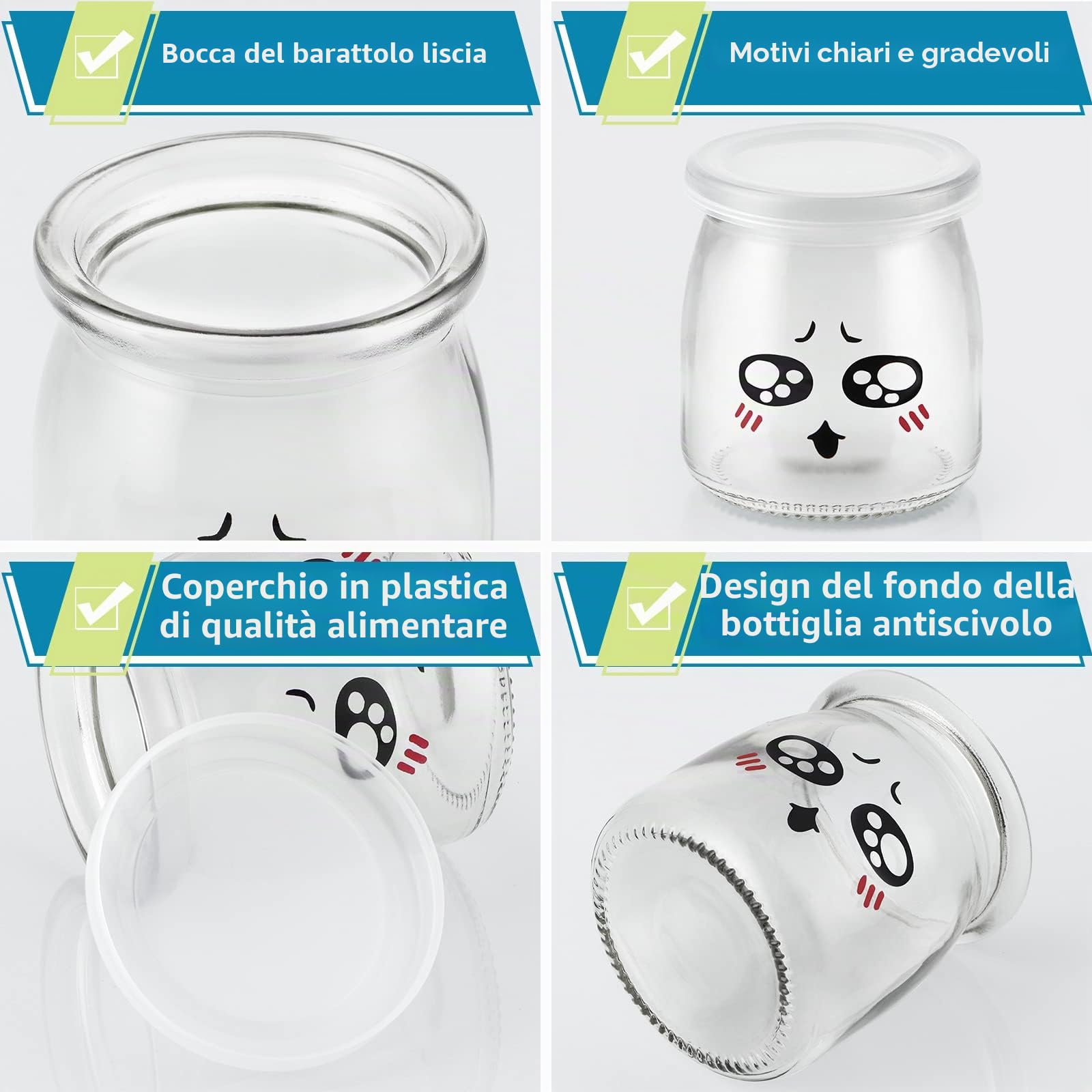 Skelang 12 pezzi vasetto di vetro per yogurt, vasetto per crema 200ML con coperchio in plastica, vasetti per dessert per conservare latte, creme brulee, mousse, marmellata, miele, yogurt, crema