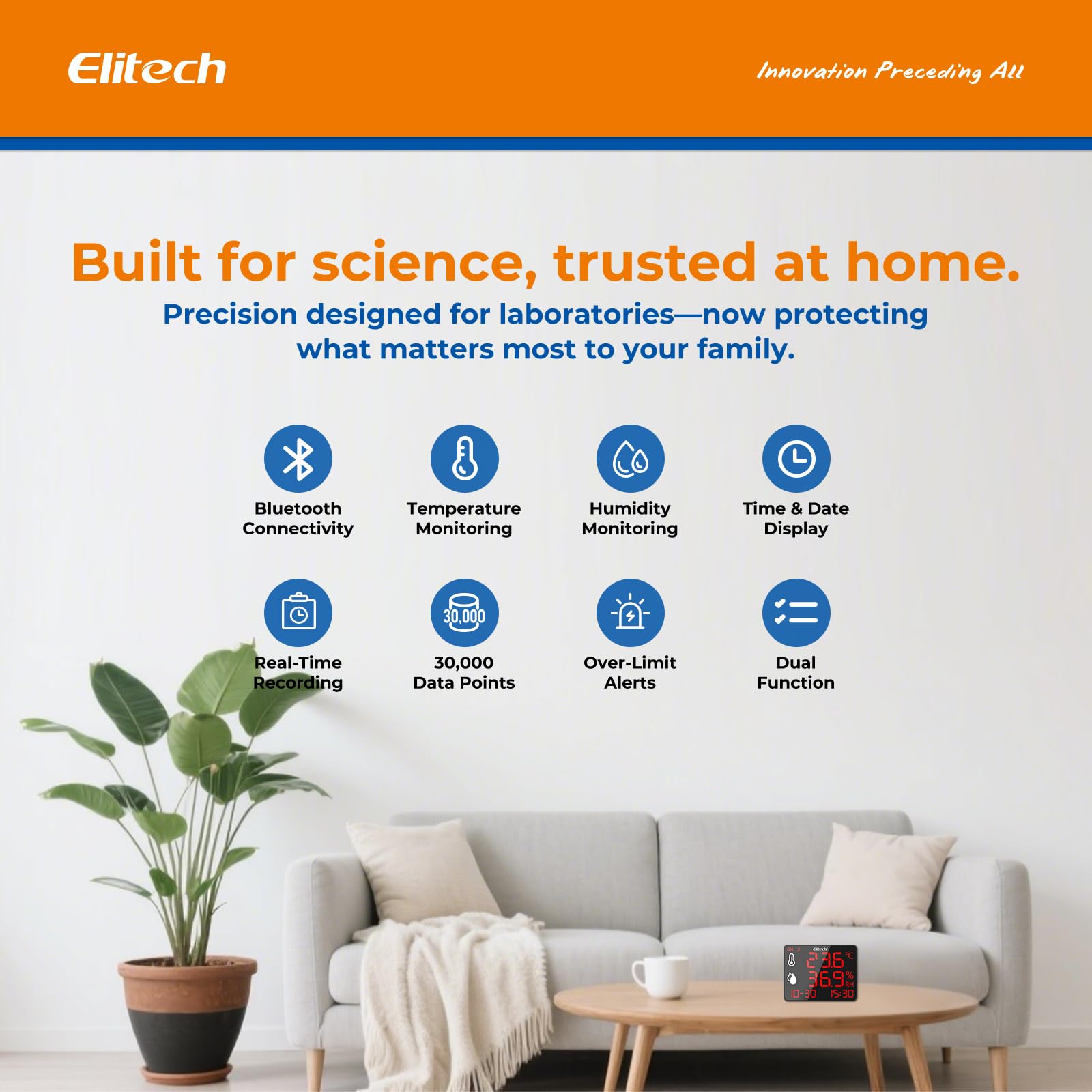 Elitech Termómetro higrómetro digital con doble sonda externa, 2 x 2 m, grabadora Bluetooth 30.000 puntos, gran pantalla para almacén, invernadero, laboratorio, DR-230-THDE