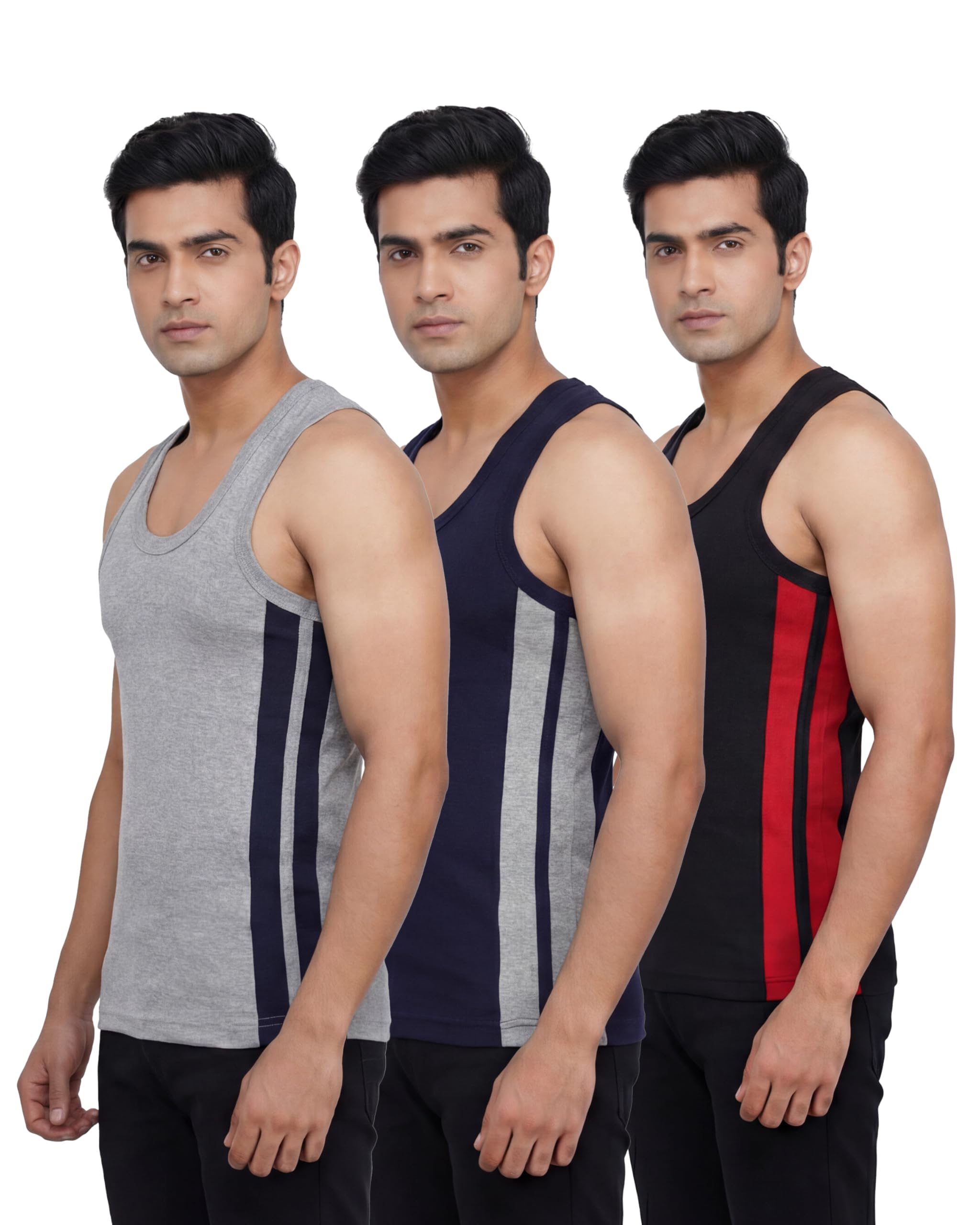 opex Men’s Cotton Muscle Vest | Sleeveless Round Neck Side Panel Design Gym Wear | Soft Breathable Regular Fit Athletic Tank (Pack of 3-picture-21