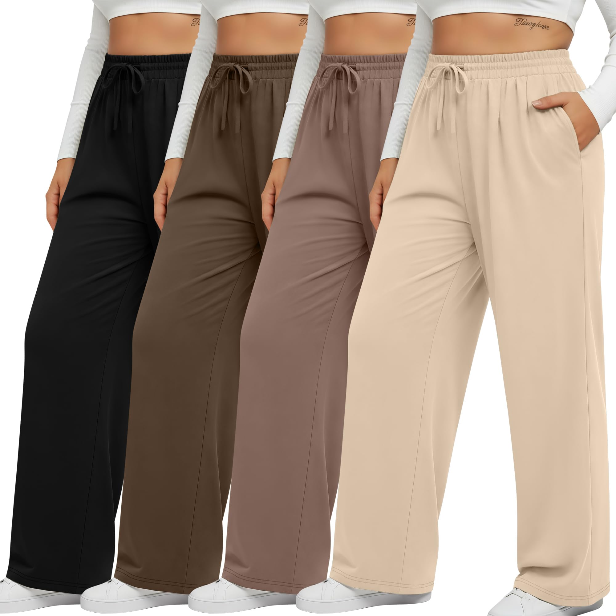Neer 4 Pack Women's Plus Size Sweatpants Wide Leg Elastic Waist Lounge Yoga Pants Loose Fit Drawstring Jogger with Pockets Black, Khaki, Brown, Cream XXL