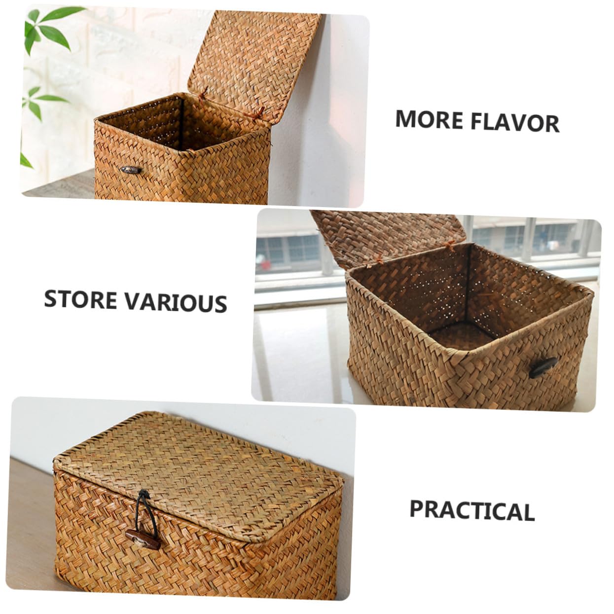 SOIMISS 3 pezzi Cesti Intrecciati in Paglia Naturale con Coperchio Contenitori Compatti e Resistenti per Frutta e Organizzazione Desktop per Casa e Regalo
