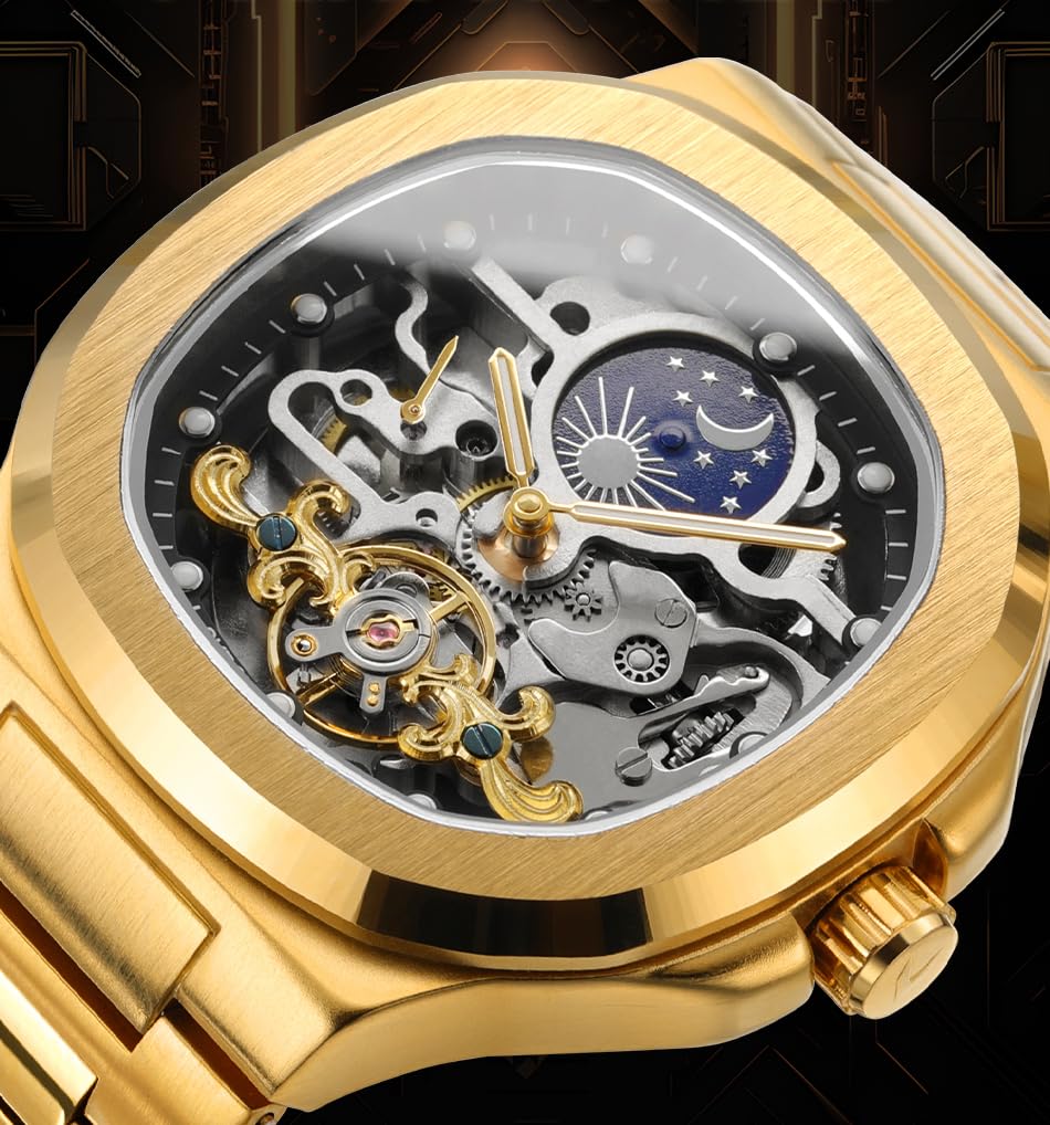 FORSINING Reloj analógico de esqueleto automático de lujo para hombre con correa de acero inoxidable