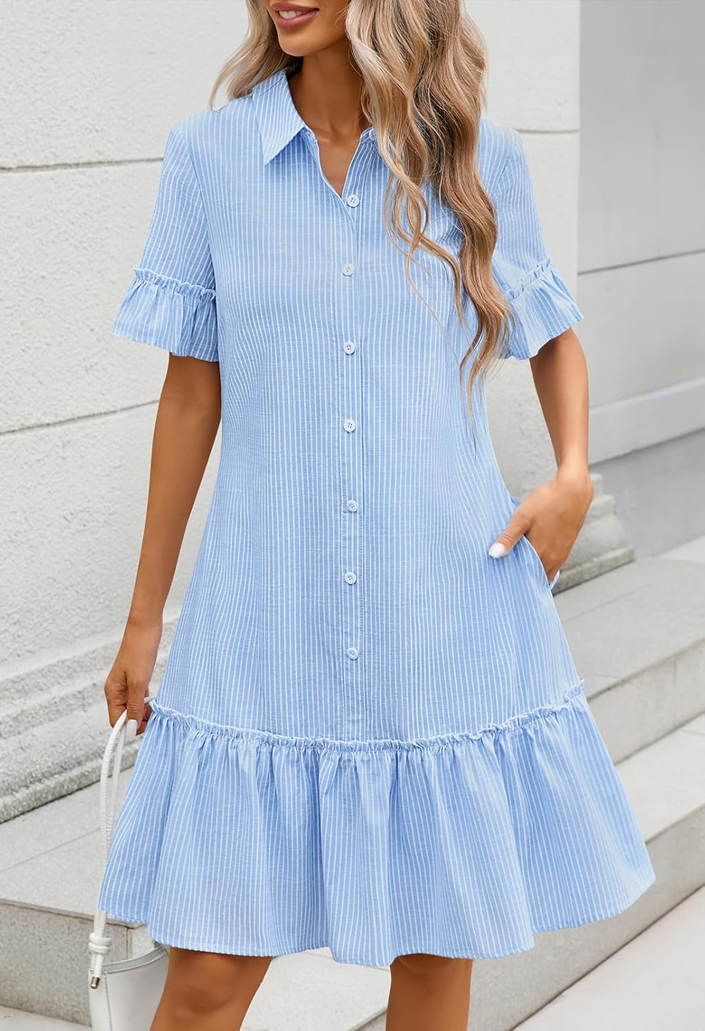 MEROKEETY Women's 2026 Summer Casual Shirt Dress Button Down Ruffle Sleeve Shift Mini Dresses with Pockets - Image 3