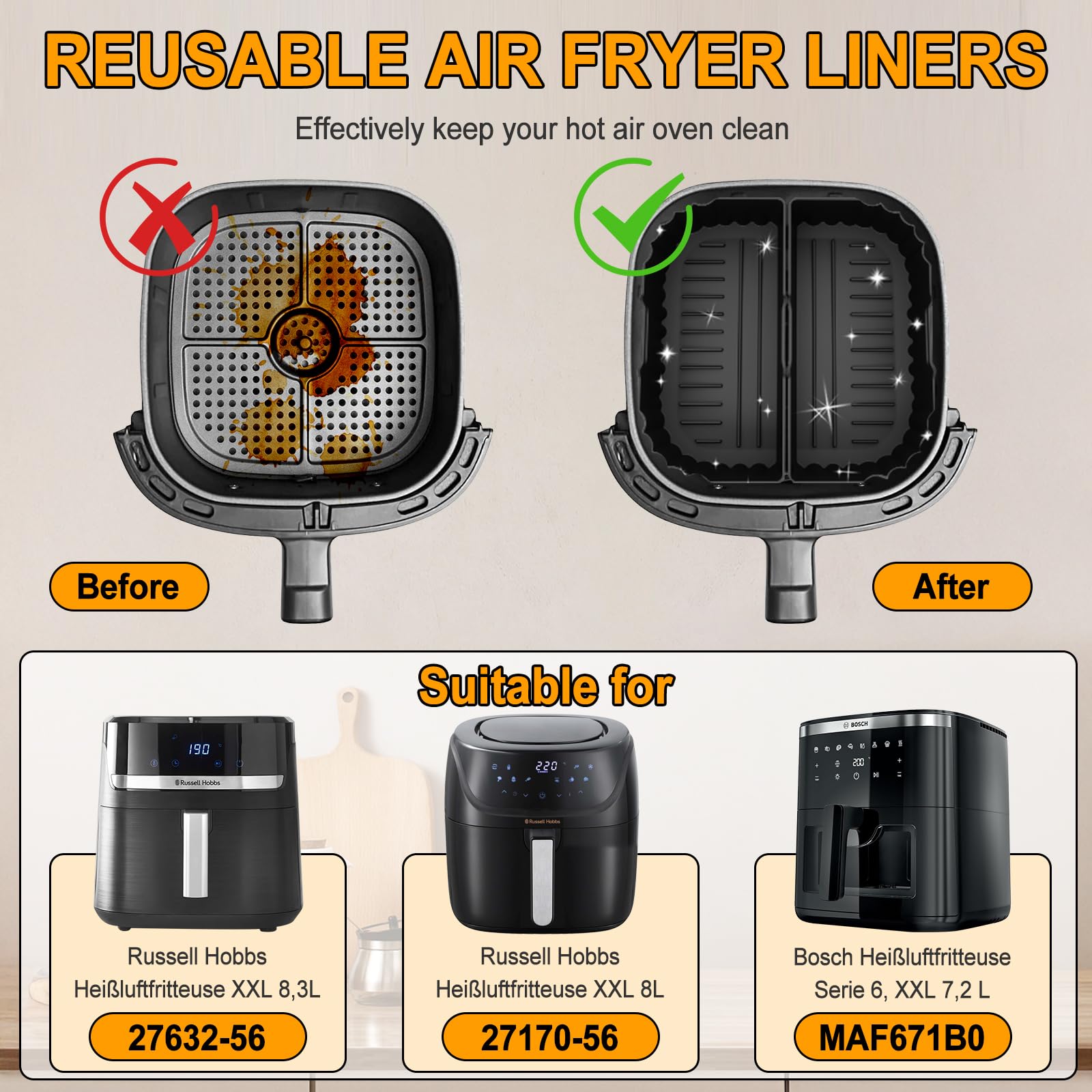 Silikonowa forma do frytkownicy na gorące powietrze Russell Hobbs XXL 8 l / 8,3 l, silikonowa forma nieprzywierająca, do frytkownicy na gorące powietrze Bosch, seria 6, XXL 7,2 l, silikonowa wkładka