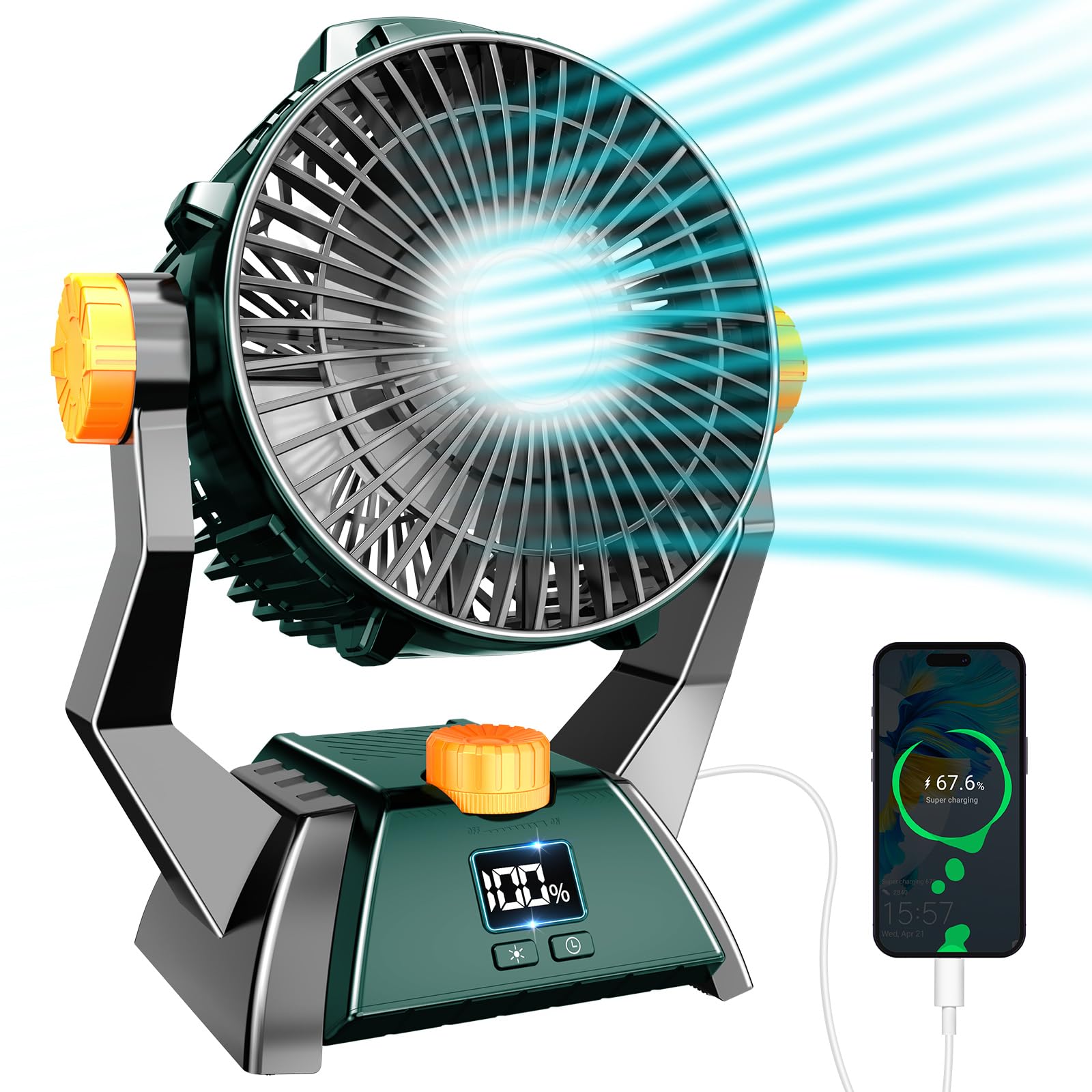 Battery Powered Fan - Portable Camping Fan Rechargeable 20000mAh with Led Light and Hook for Camping Tent, Cordless Personal Quiet Desk Fan for RV Travel Beach Fishing Hurricane Beach Tent Fan