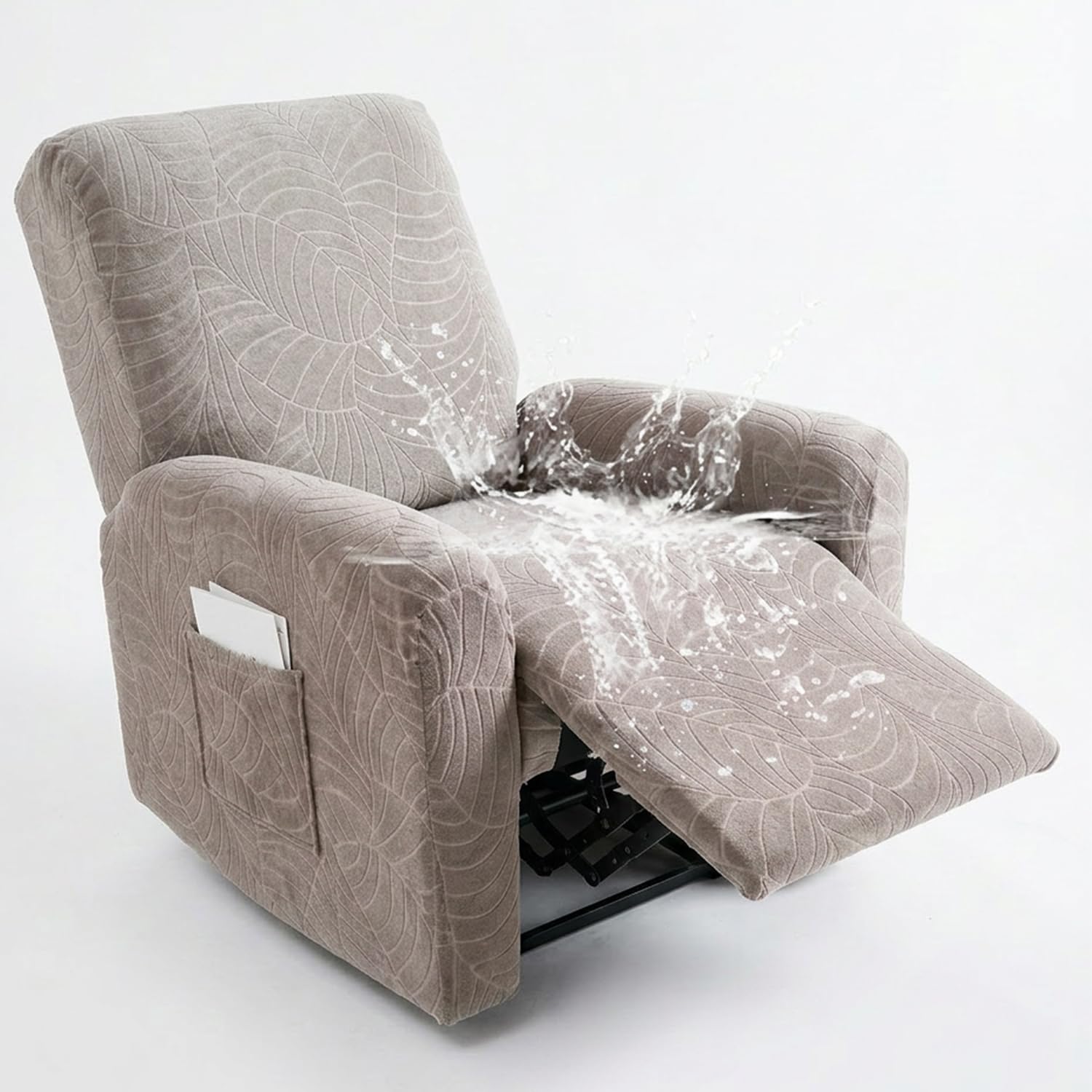 Hearda Recliner Chair Cover 1 Seater, 4 Pieces Splash-proof Recliner Sofa Covers Leaf Pattern, Recliner Slipcover for Electric Chair with Pockets,S tretch Non-Slip Armchair Covers - Light Grey