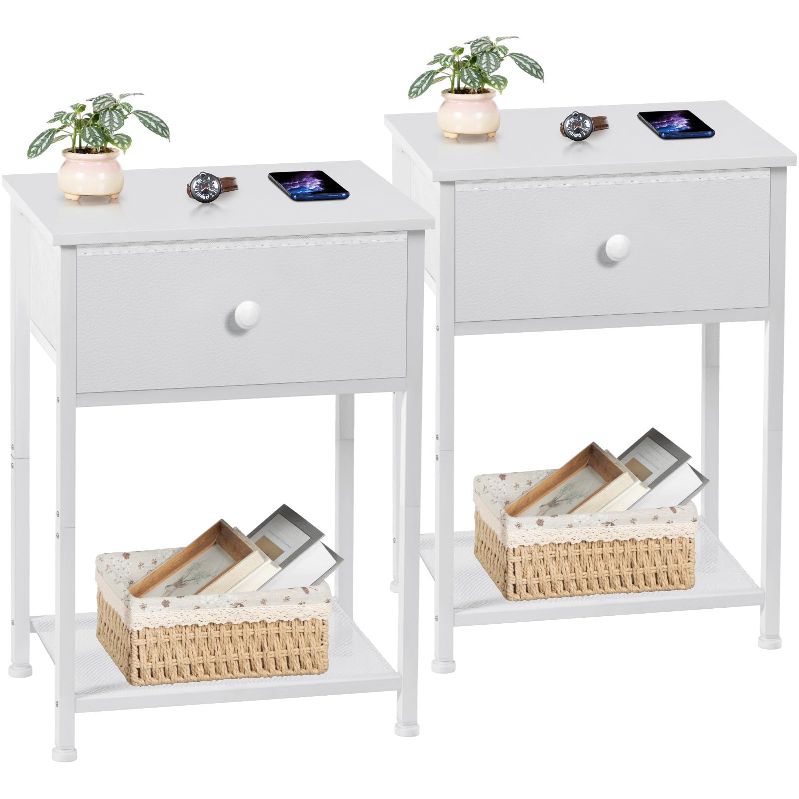 AMHANCIBLE Juego de 2 Mesitas de Noche, Mesilla de Noche Pequeñas con Cajón de Tela, Mesita Auxiliar Industrial Delgada con Estante, para Dormitorio, Salón o Espacios Pequeños, Blanco EHET03SDWT
