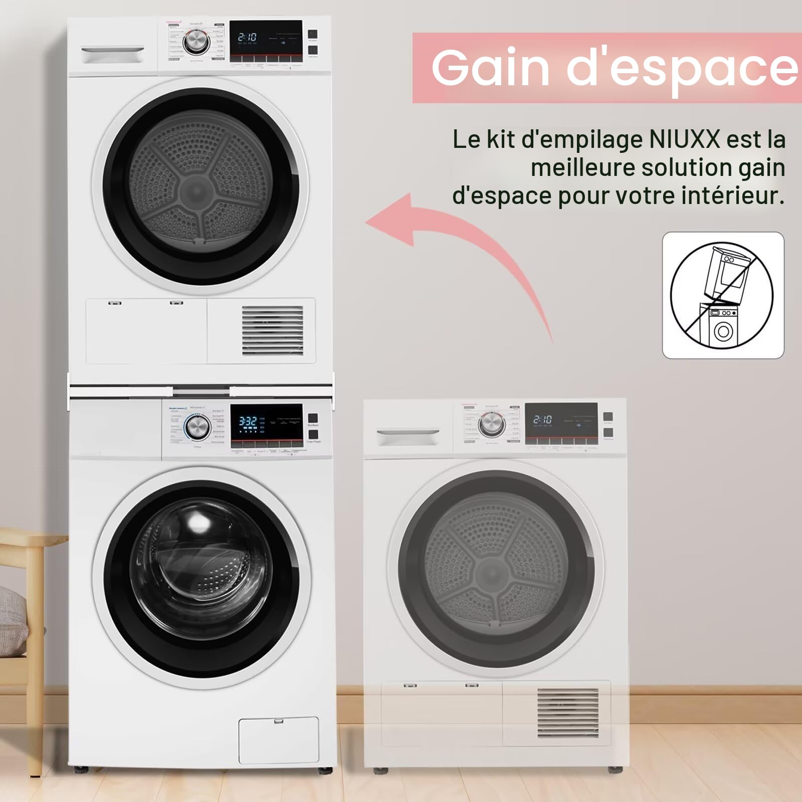 NIUXX Kit de Superposition pour Lave-linge et Sèche-linge 46-66cm, Cadre Intermédiaire avec Sangles à Cliquet