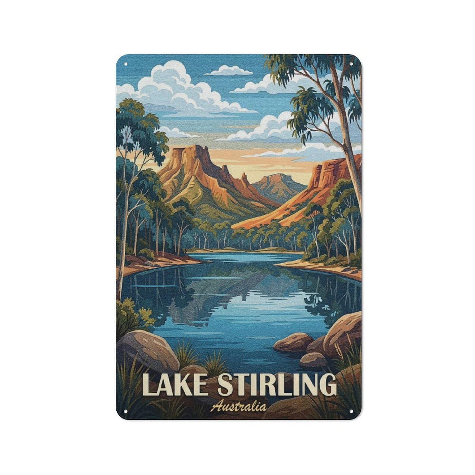 Metal Plaque with Lake Stirling Australia Landscape Art Design 30x20cm, Rustic Cafe Wall Decor for Restaurant, Kitchen, Counter Or Breakfast Nook