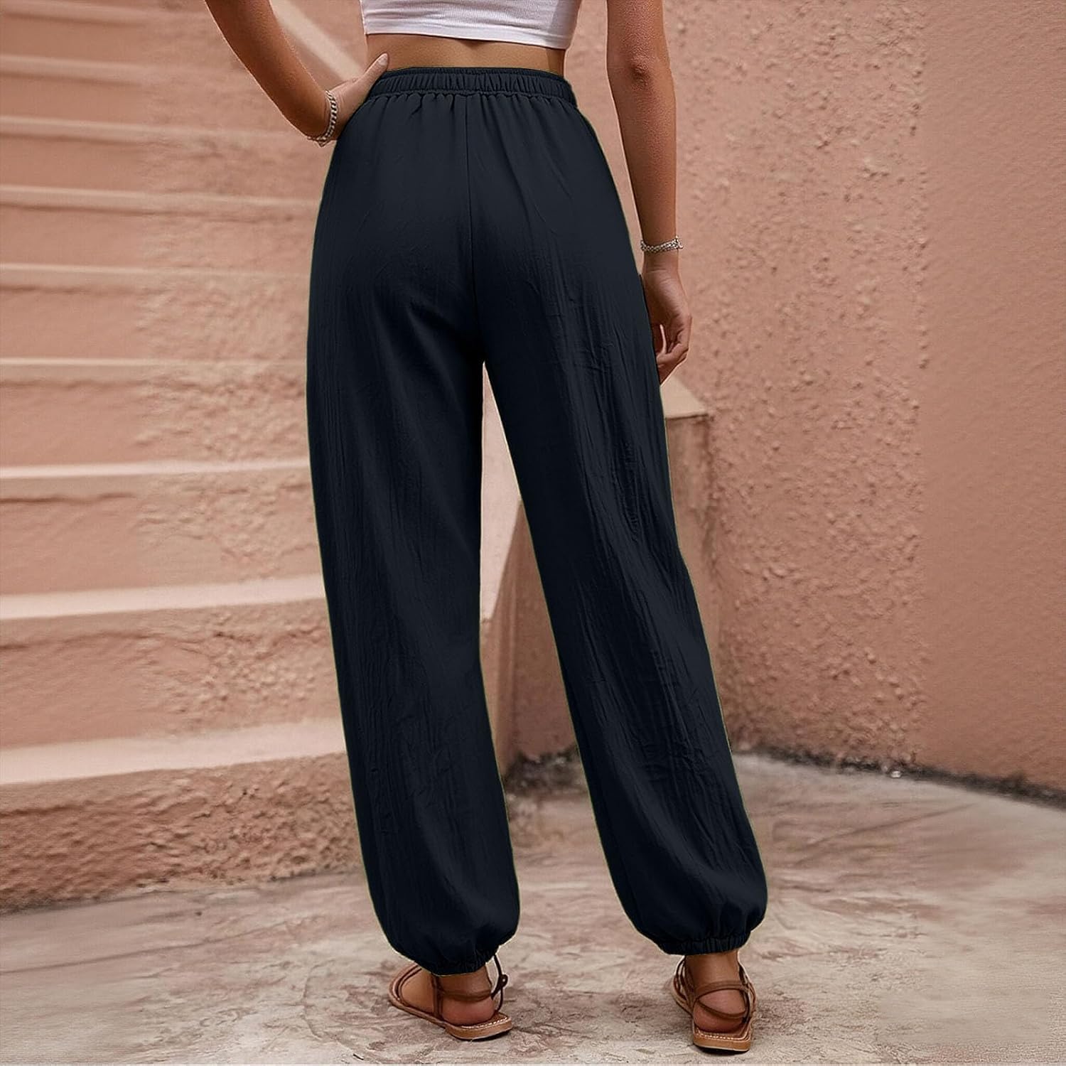 Women's Cotton Pants Elastic High Waisted Work Palazzo Pant Casual Linen Straight Wide Leg Trousers with Pockets